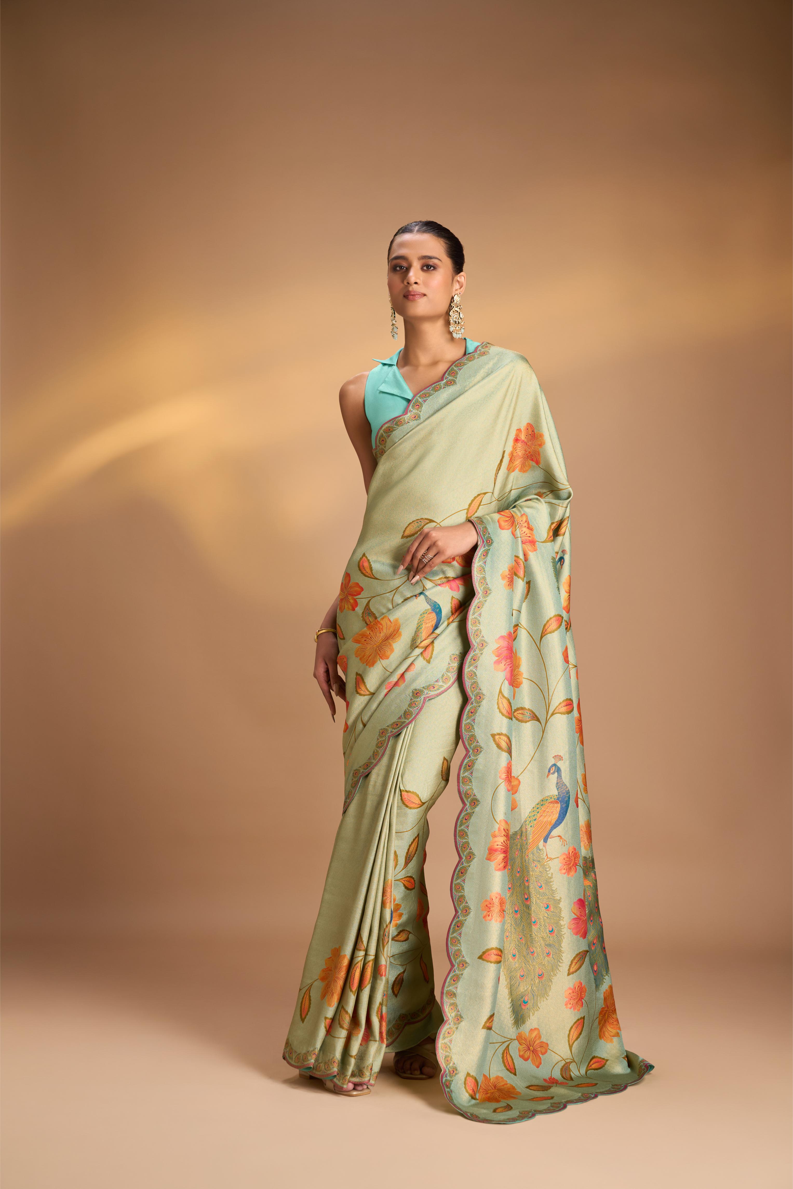 Vegan Silk Saree in Mint Green with Floral Jaal and Scallop Border | Shobitam