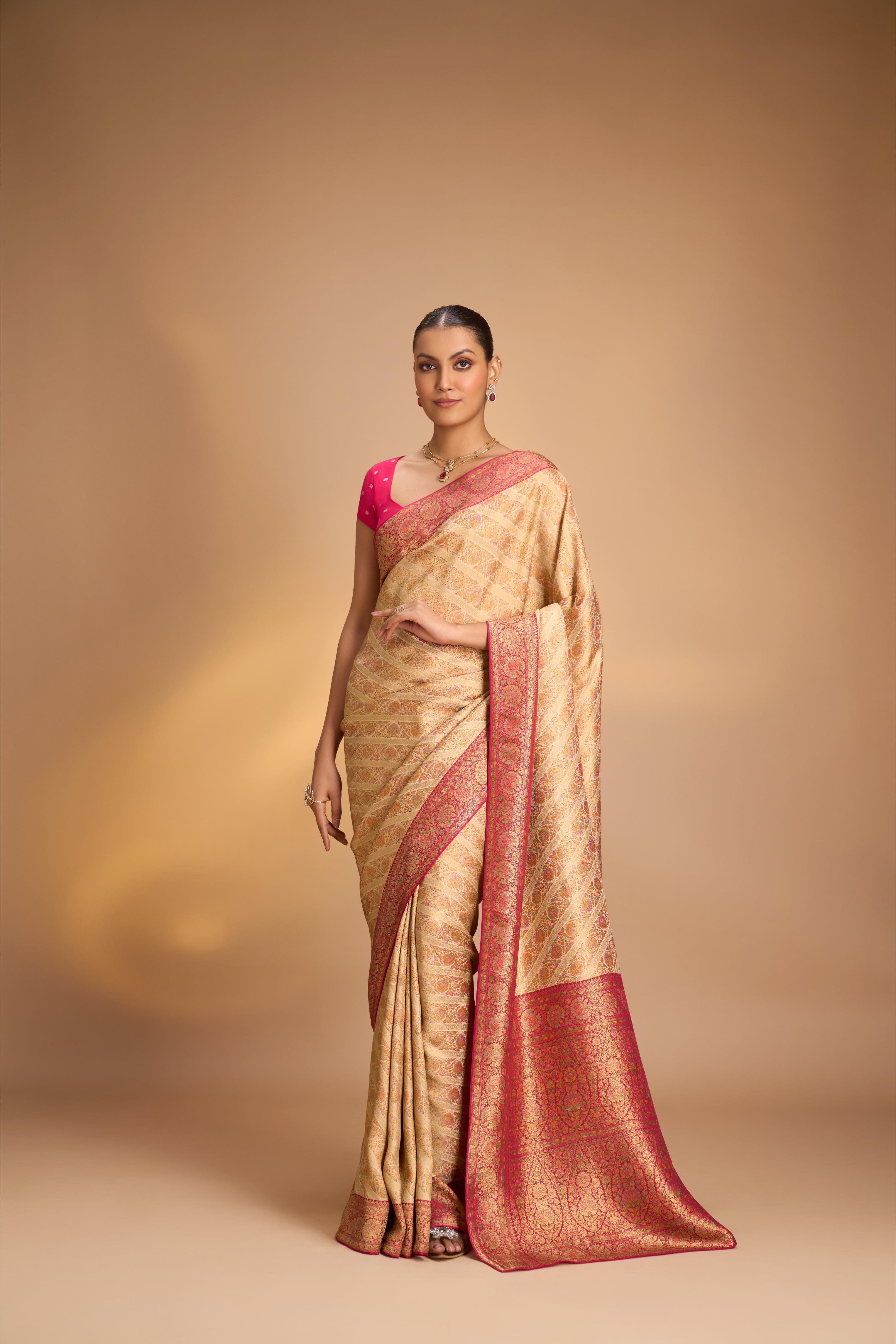 Vegan Silk Saree in Cream with Meenakari Floral Diagonal Stripes and Contrast Border | Shobitam