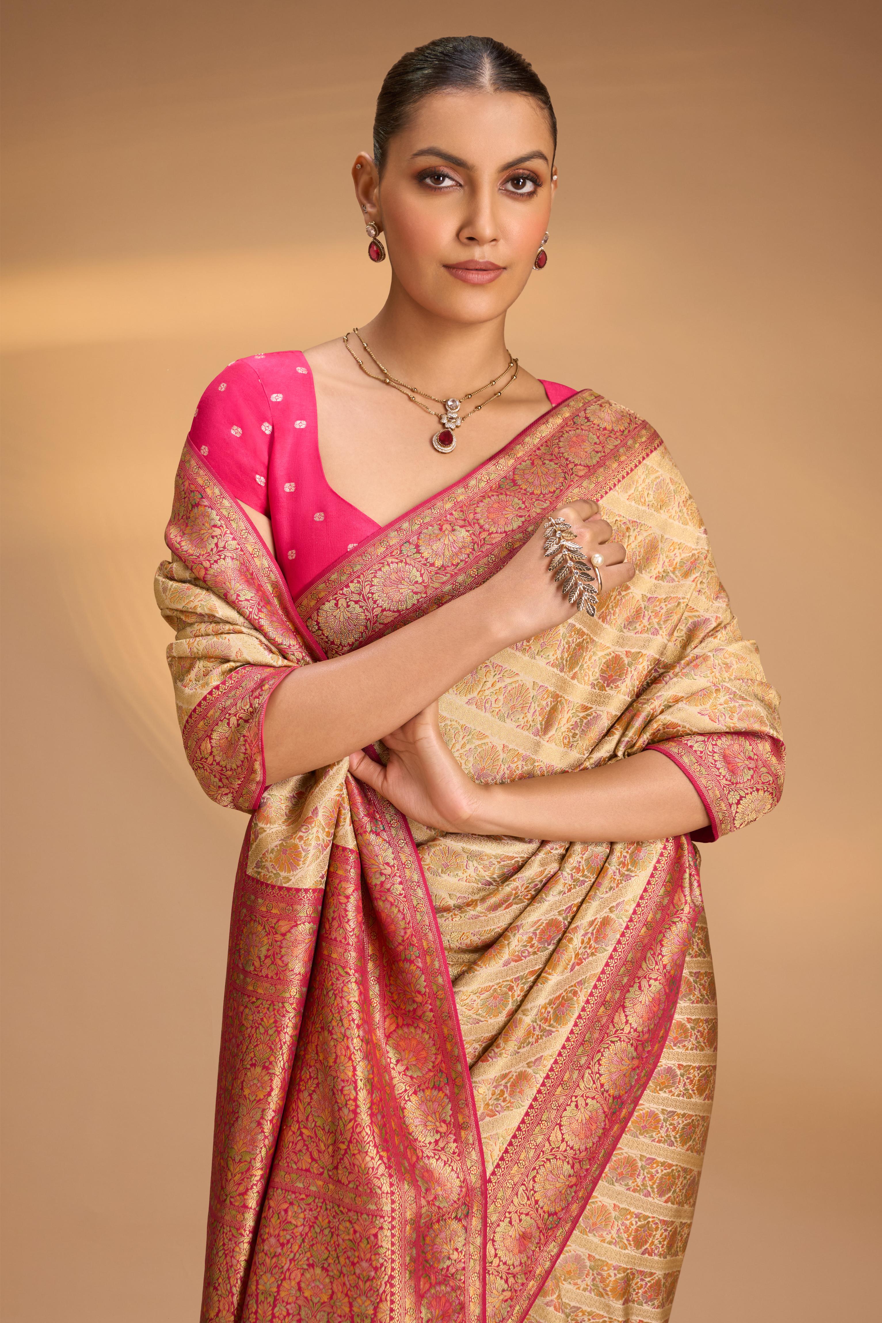 Vegan Silk Saree in Cream with Meenakari Floral Diagonal Stripes and Contrast Border | Shobitam