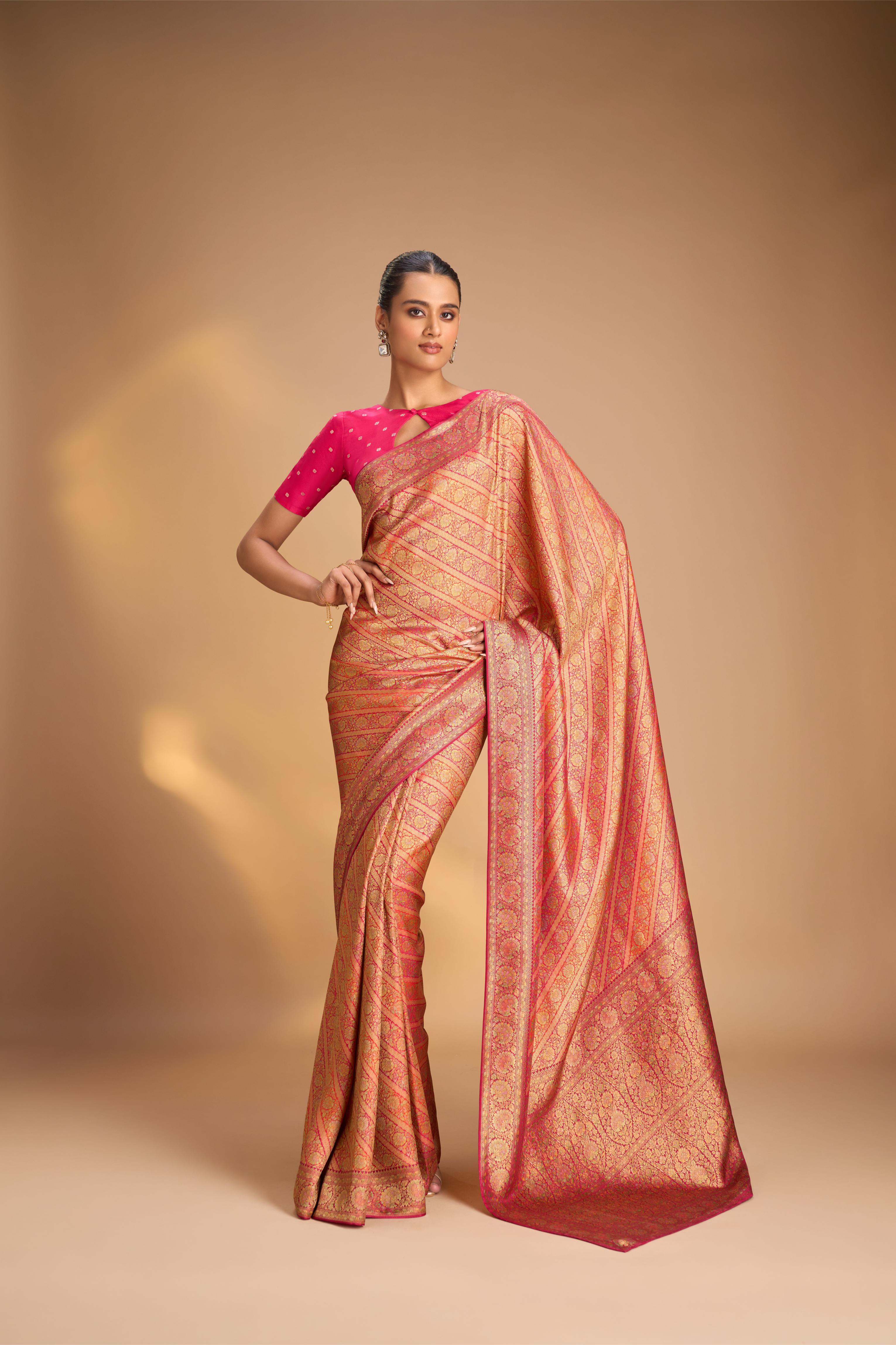 Vegan Silk Saree in Pink-Red with Lehriya Design and Border | Shobitam