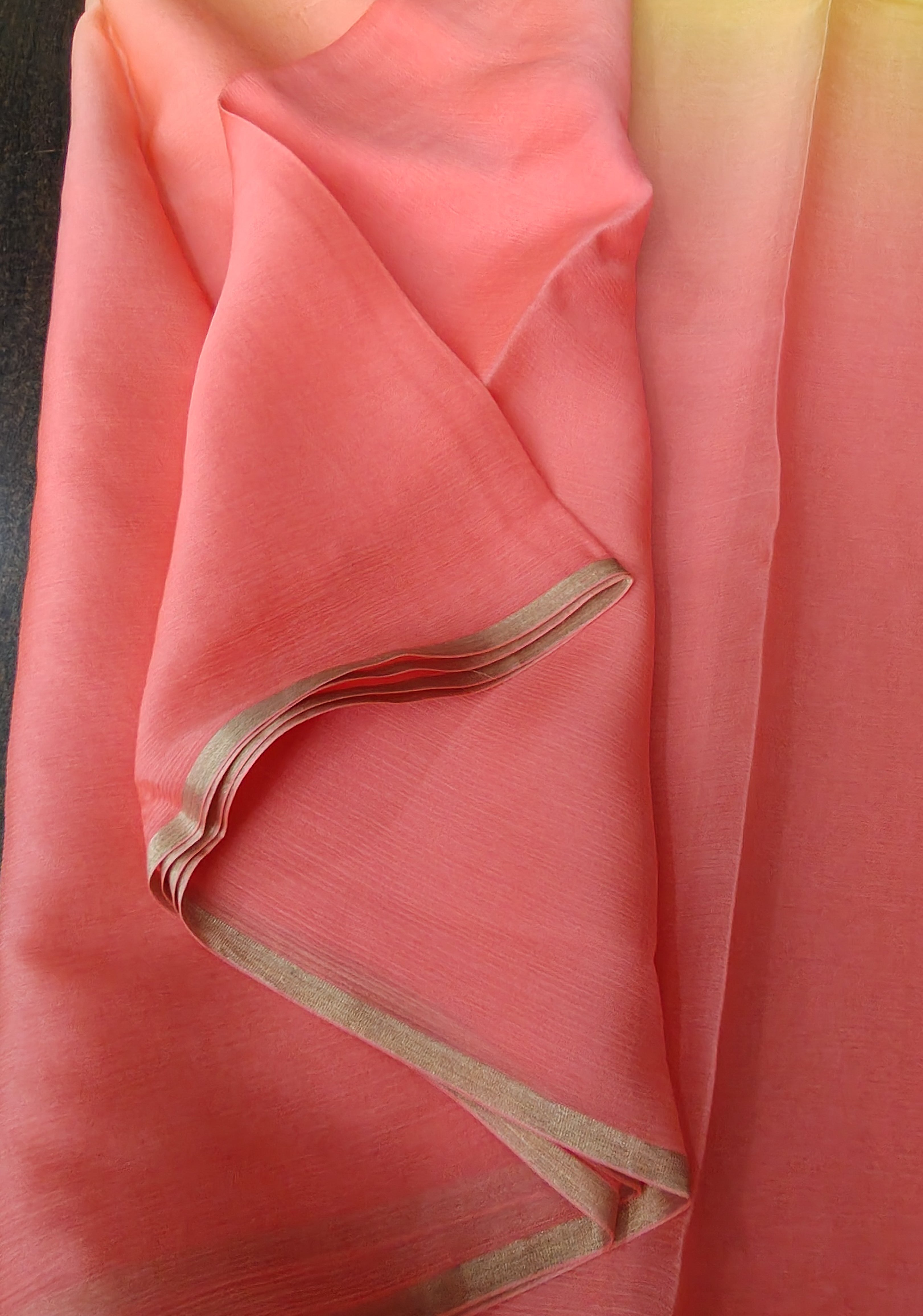 Bollywood style ombre pure chiffon Saree in Coral Pink and Yellow, No Blouse Piece | Shobitam