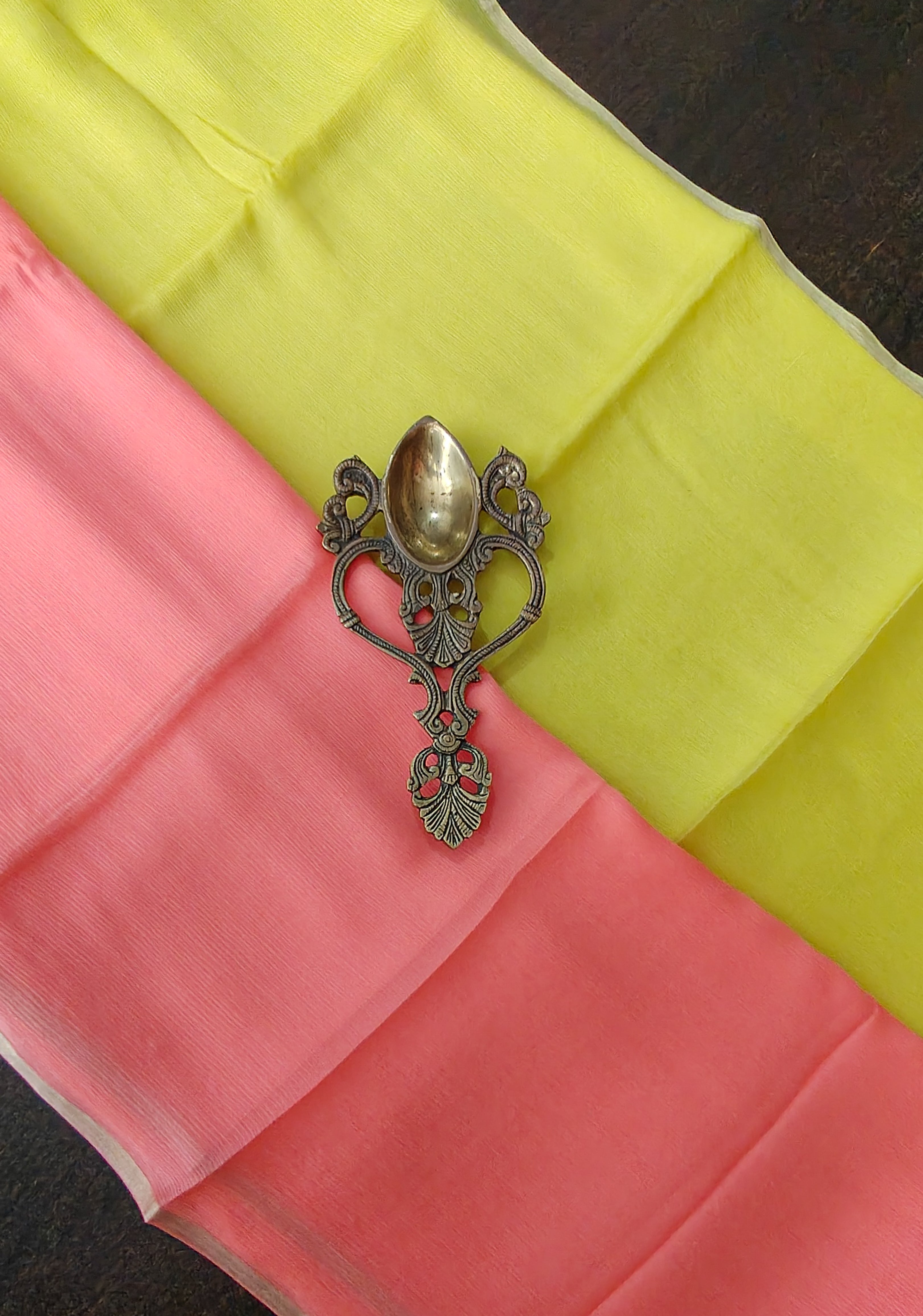 Bollywood style ombre pure chiffon Saree in Coral Pink and Yellow, No Blouse Piece | Shobitam