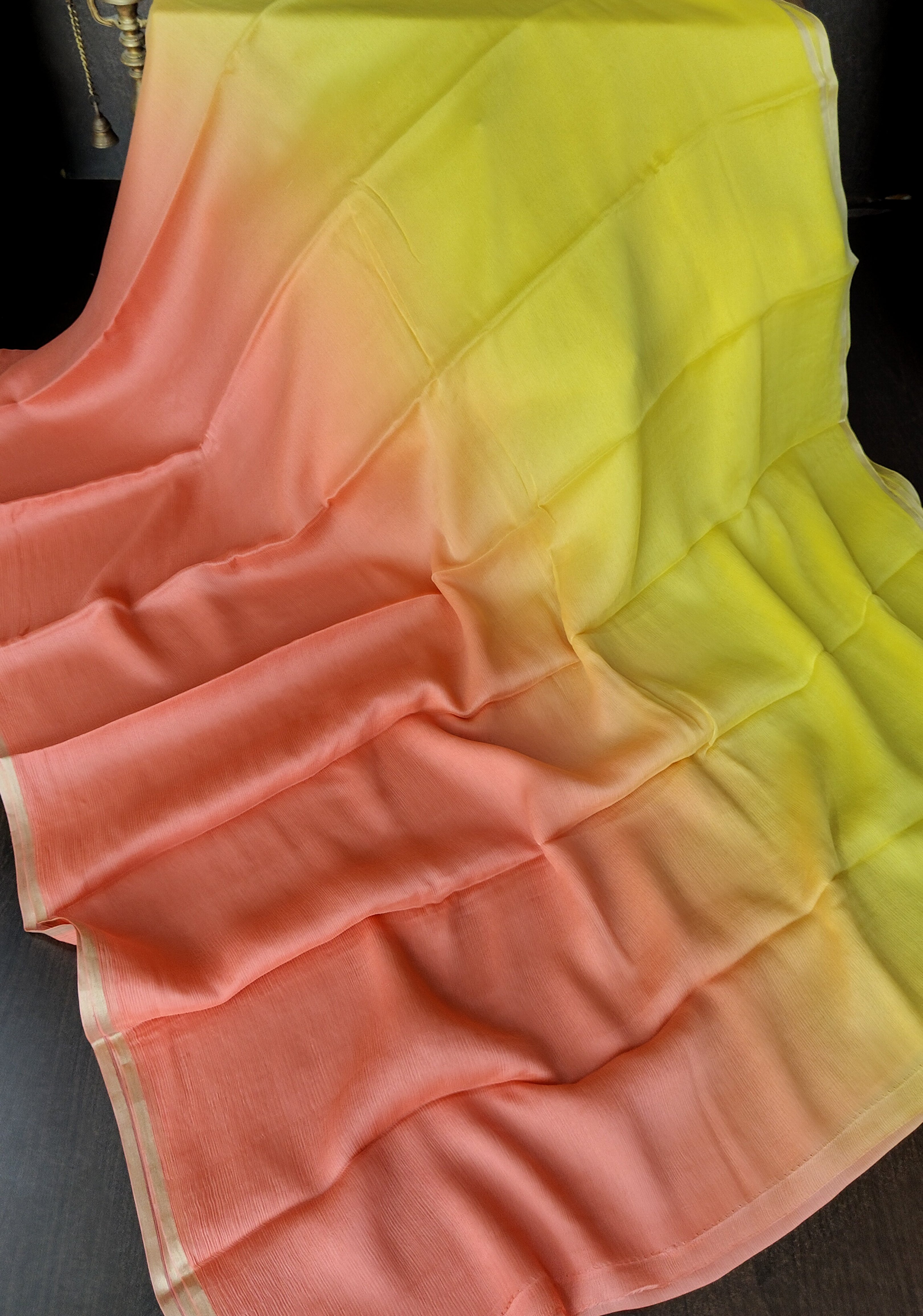 Bollywood style ombre pure chiffon Saree in Coral Pink and Yellow, No Blouse Piece | Shobitam
