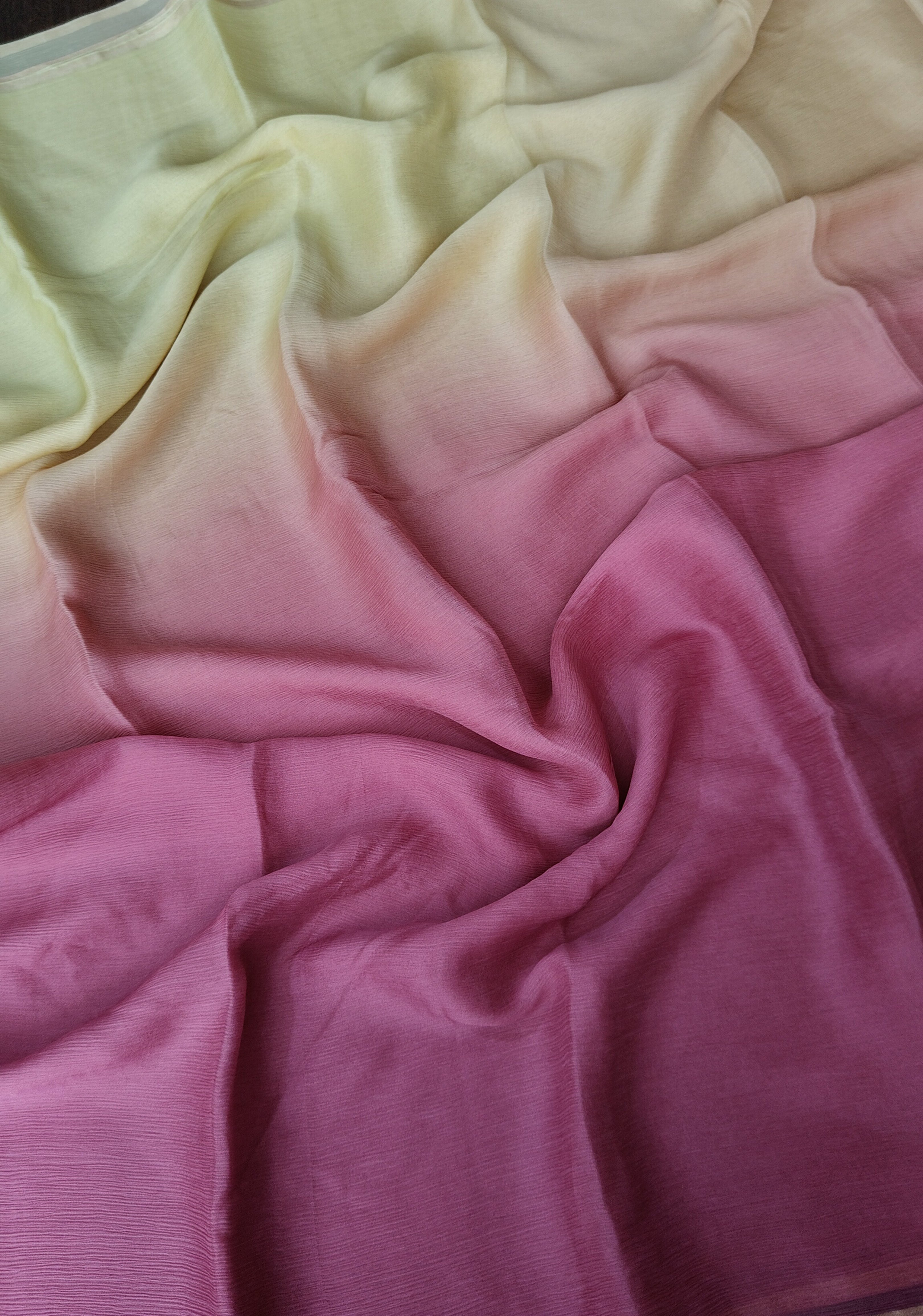 Bollywood style ombre pure chiffon Saree in Butter Yellow and Strawberry Pink, No Blouse Piece | Shobitam