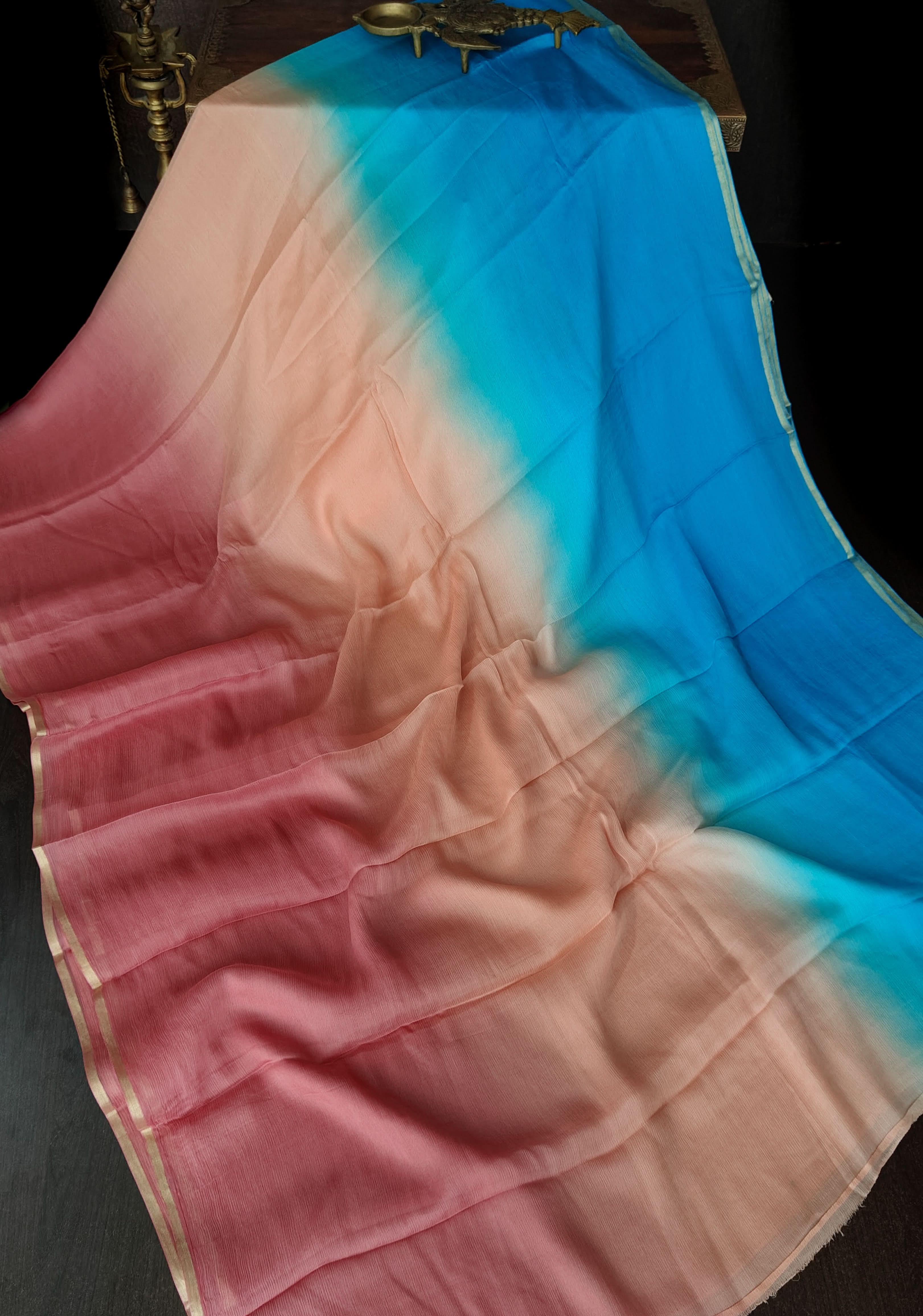 Multicolor Bollywood Style Ombre Pure Chiffon Saree, No Blouse Piece | Shobitam