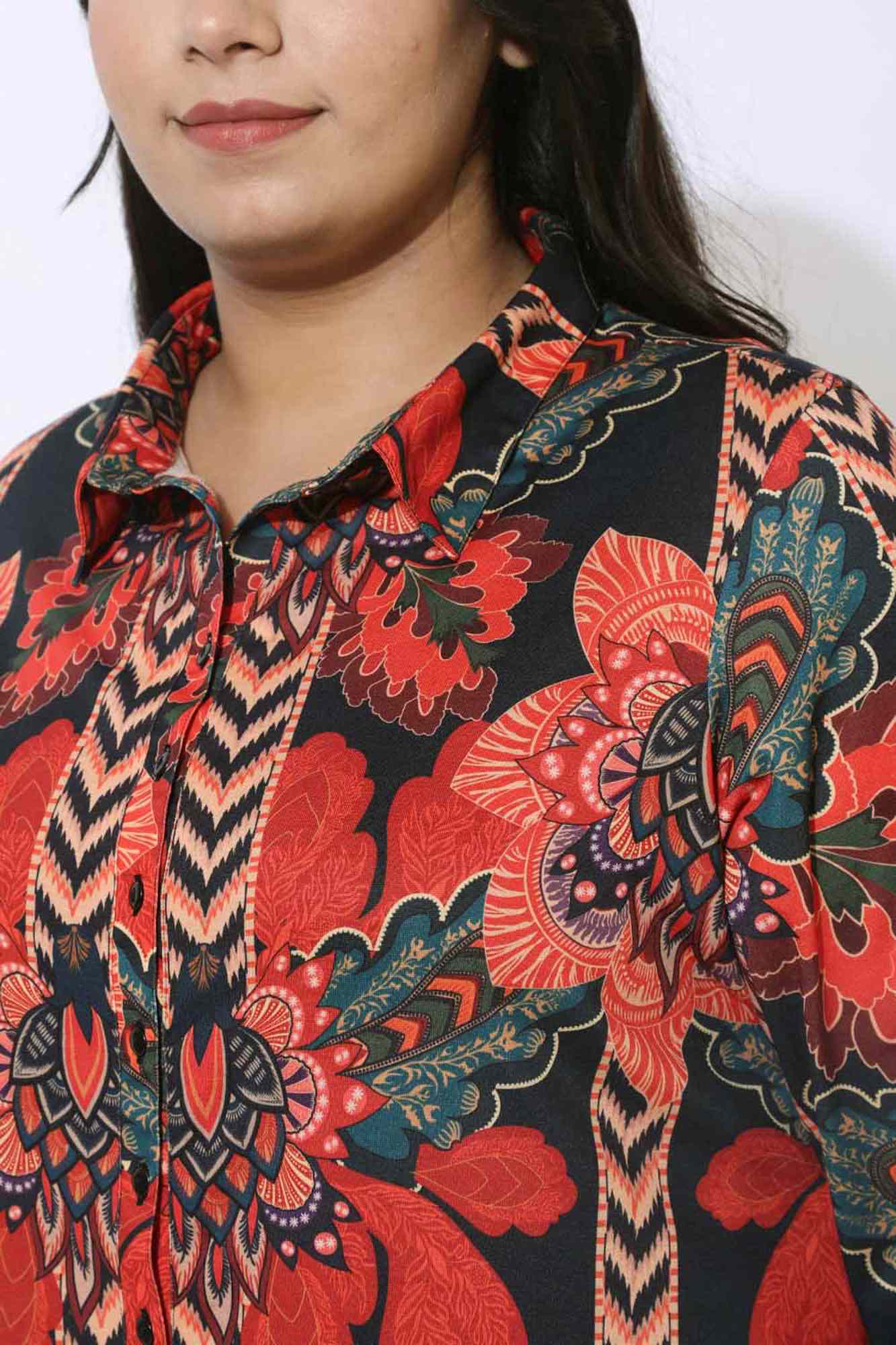 Plus Size Black Tropical Print Kurta & Shrug Covertible in Blended knit fabric | Made to Order