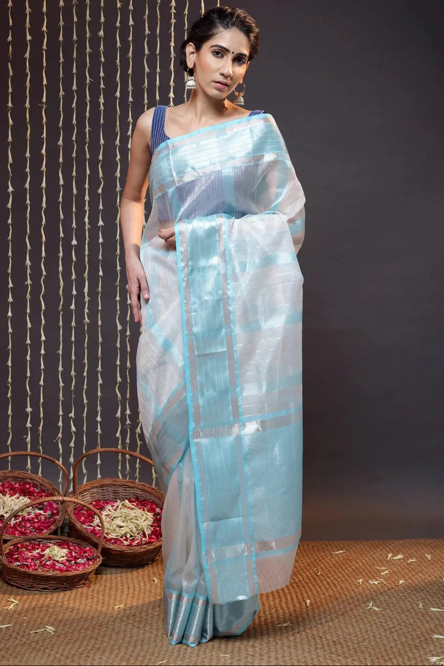 Handloom White Katan Silk Saree Woven With Silver Zari Stripes | Shobitam