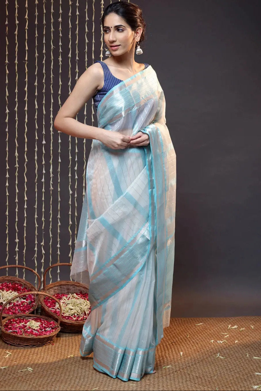 Handloom White Katan Silk Saree Woven With Silver Zari Stripes | Shobitam