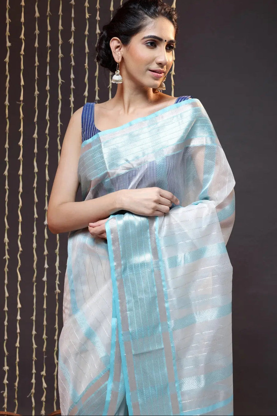 Handloom White Katan Silk Saree Woven With Silver Zari Stripes | Shobitam