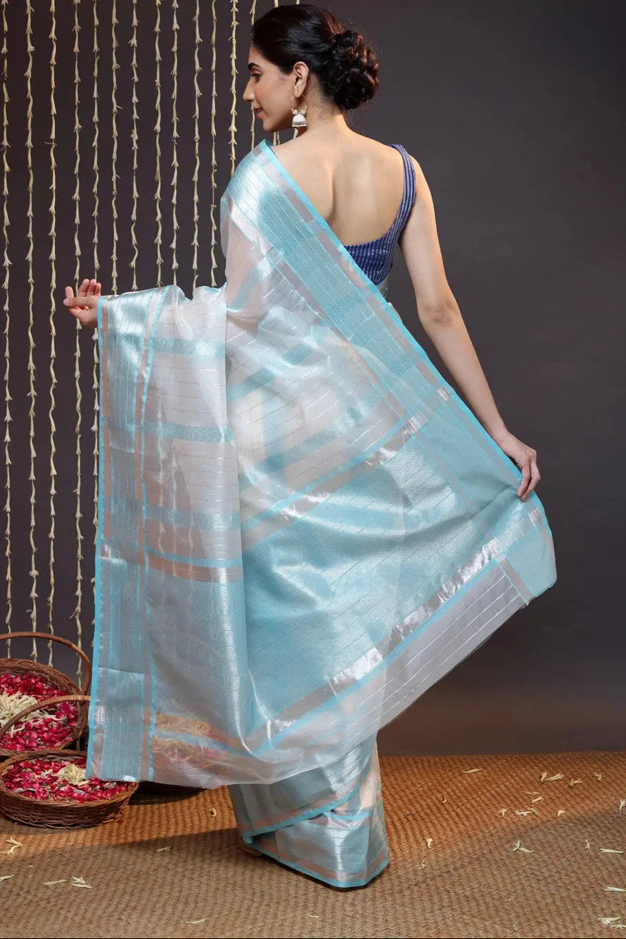 Handloom White Katan Silk Saree Woven With Silver Zari Stripes | Shobitam
