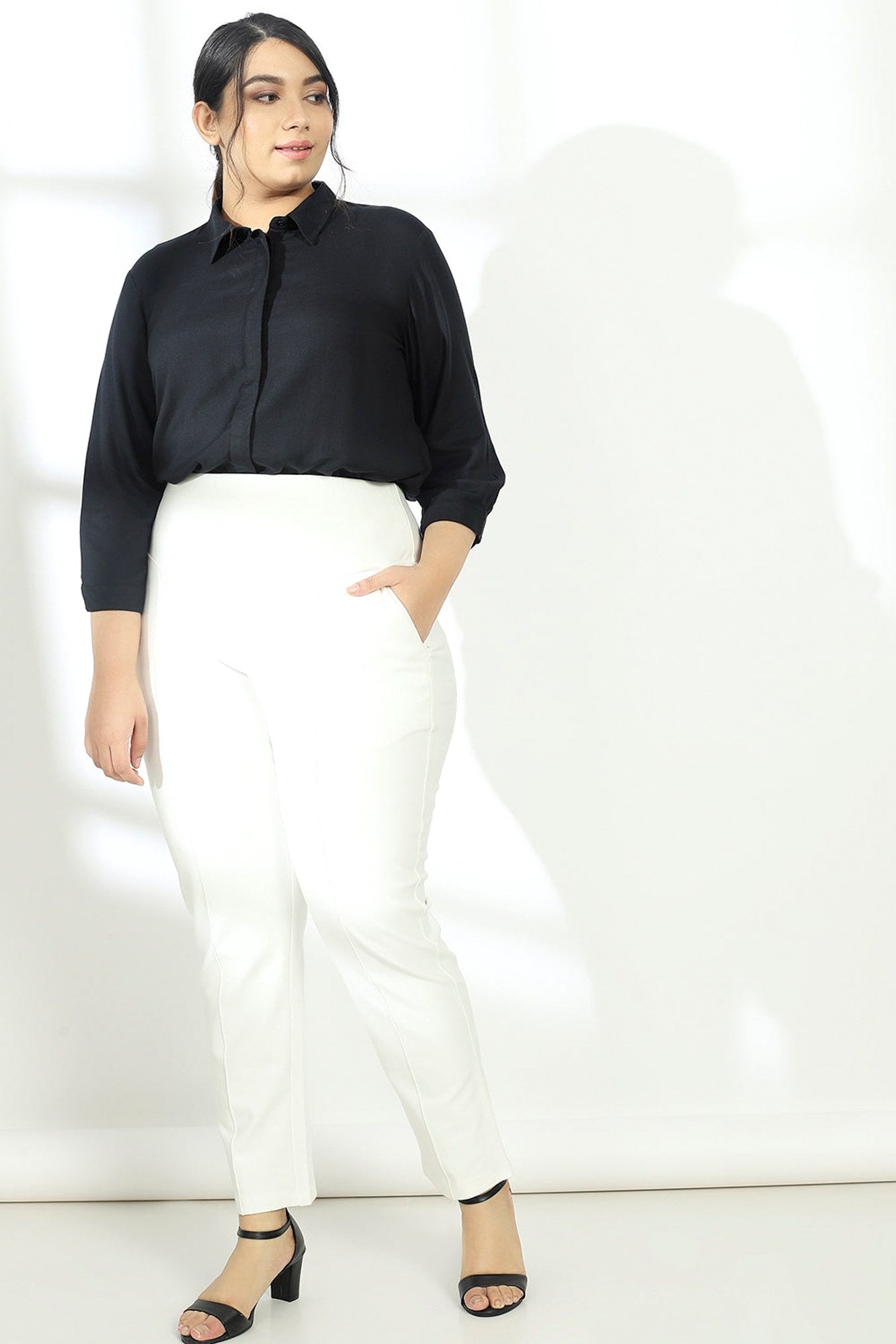 Plus Size White Tummy Shaper Straight Fit Pants for Women, No See Through | Made to Order