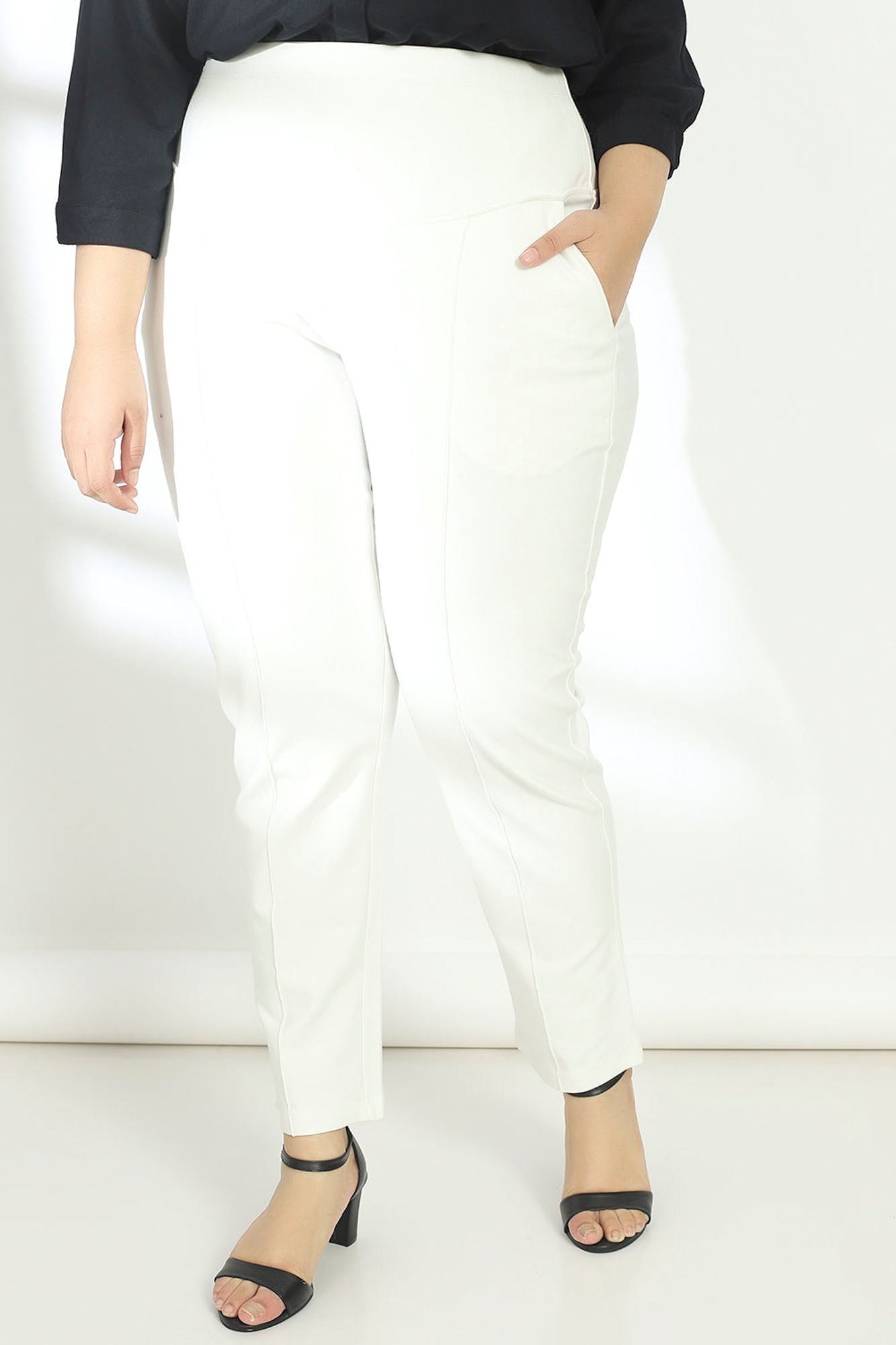 Plus Size White Tummy Shaper Straight Fit Pants for Women, No See Through | Made to Order