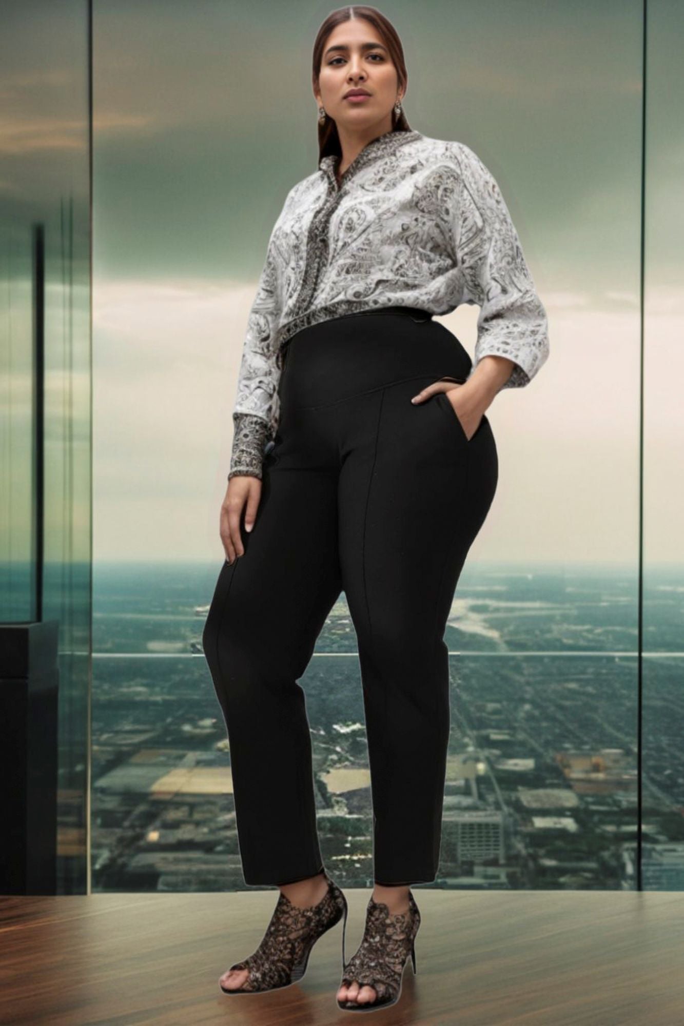 Plus Size Black Tummy Shaper Straight Fit Pants | Made to Order