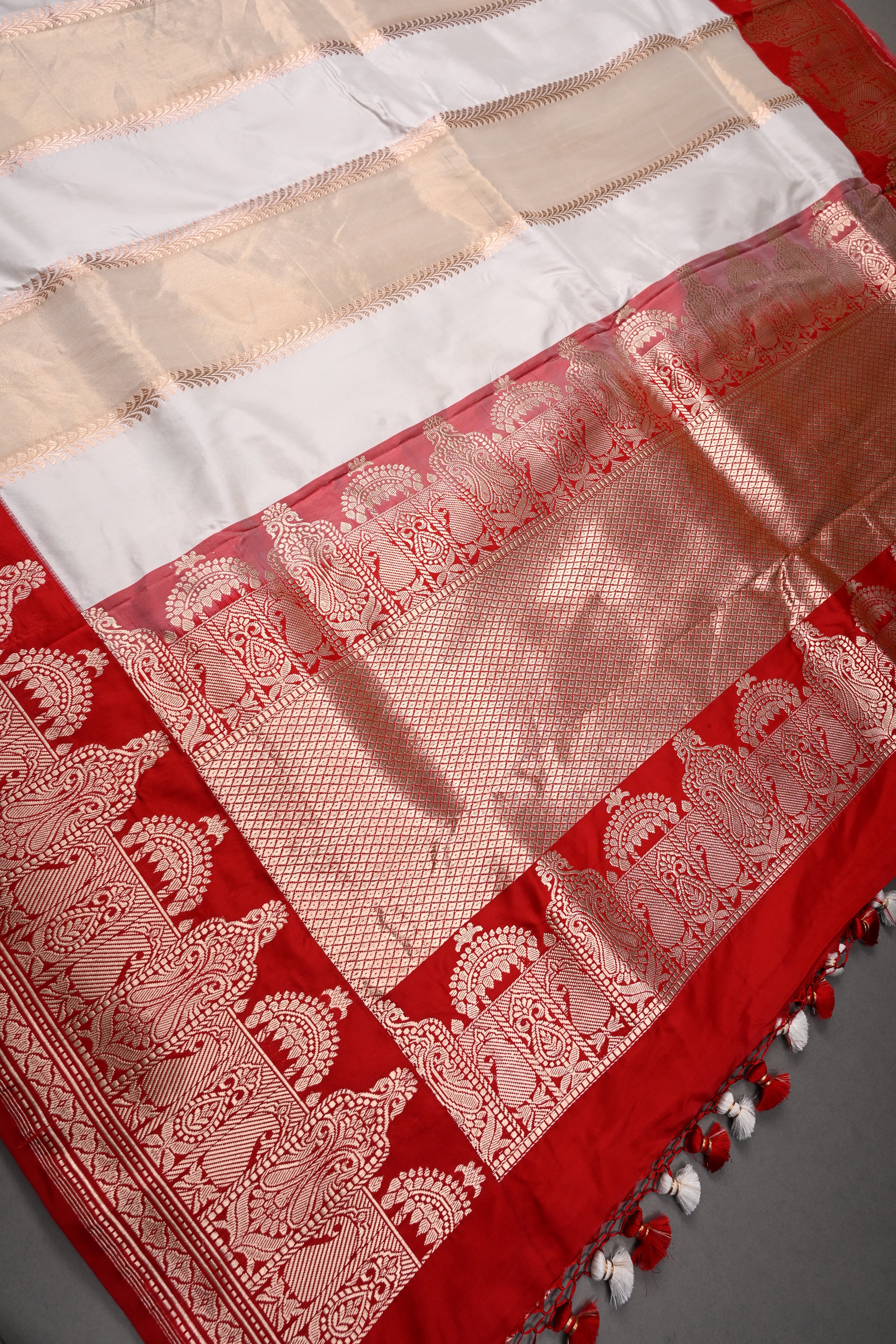 White-Tan Gold Jharoka Pattern on Pure Katan Silk Saree with Contrast Zari Borders | SILK MARK CERTIFIED | SHOBITAM