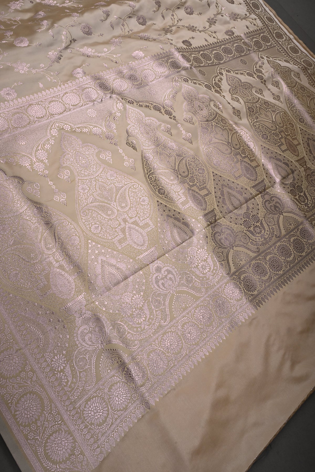 Beige Gold Banarasi Semi Mashru Silk Saree with Floral Jaal Design and Zari Border | SHOBITAM