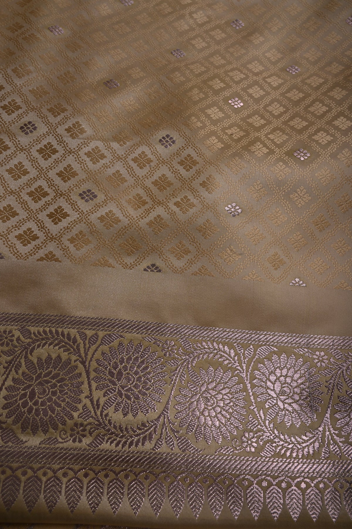 Beige Gold Banarasi Semi Mashru Silk Saree with Floral Jaal Design and Zari Border | SHOBITAM