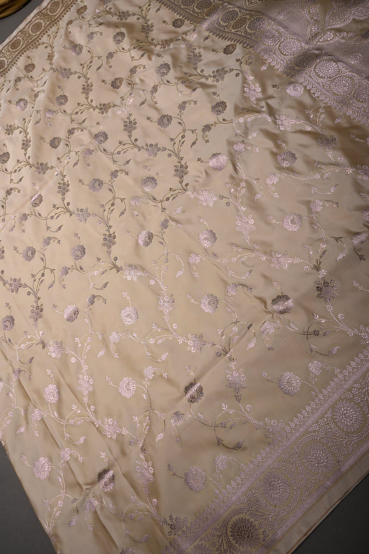 Beige Gold Banarasi Semi Mashru Silk Saree with Floral Jaal Design and Zari Border | SHOBITAM
