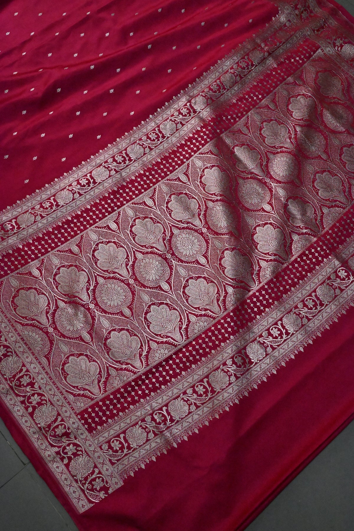 Rani Pink Banarasi Semi Mashru Silk Saree with Floral Zari Buttis and Zari Border | SHOBITAM