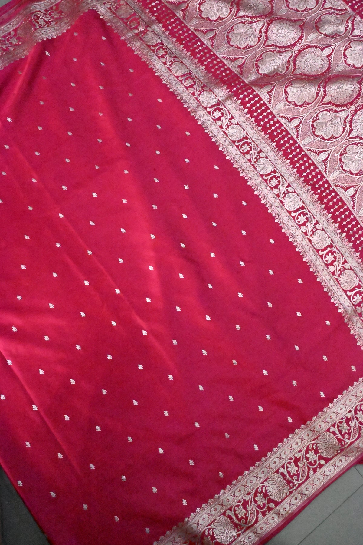 Rani Pink Banarasi Semi Mashru Silk Saree with Floral Zari Buttis and Zari Border | SHOBITAM