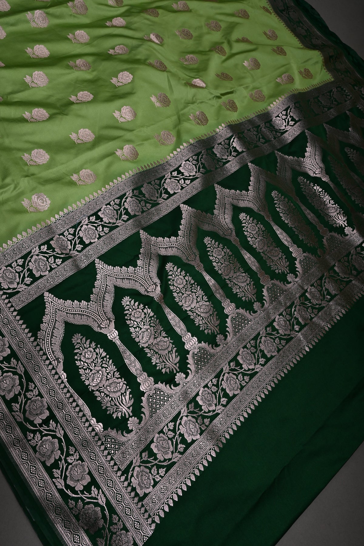 Green Banarasi Semi Mashru Silk Saree with Gold Floral Buttas and Contrast Zari Border | SHOBITAM