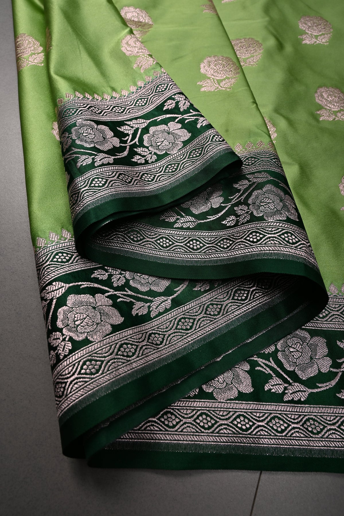 Green Banarasi Semi Mashru Silk Saree with Gold Floral Buttas and Contrast Zari Border | SHOBITAM