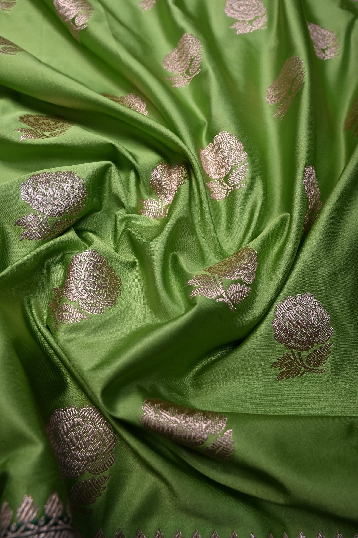 Green Banarasi Semi Mashru Silk Saree with Gold Floral Buttas and Contrast Zari Border | SHOBITAM