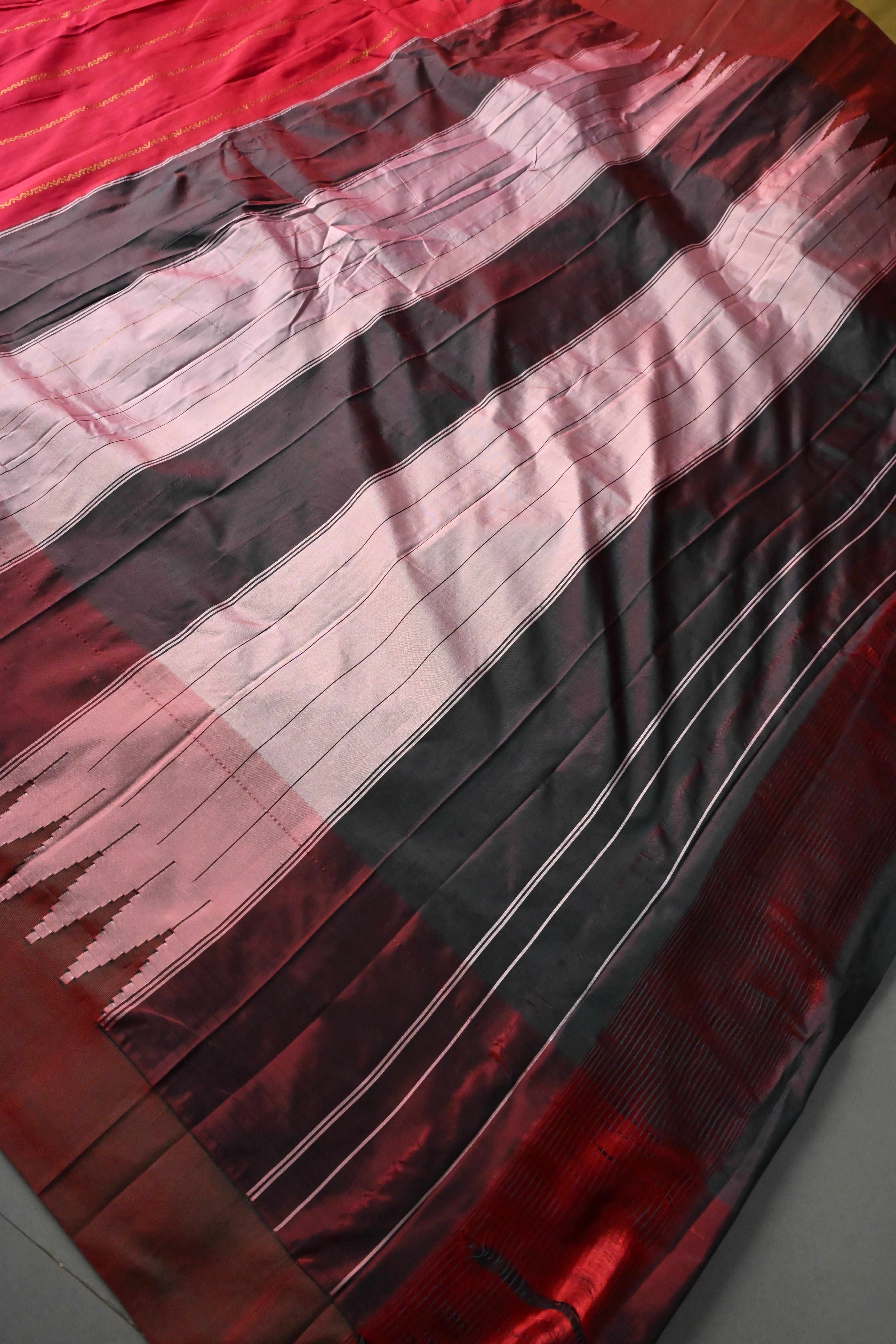 Rani Pink Ilkal Weave Art Silk Bagalkote Saree with Zari Veldhari Horizontal Stripes and Contrast Temple Border | SHOBITAM