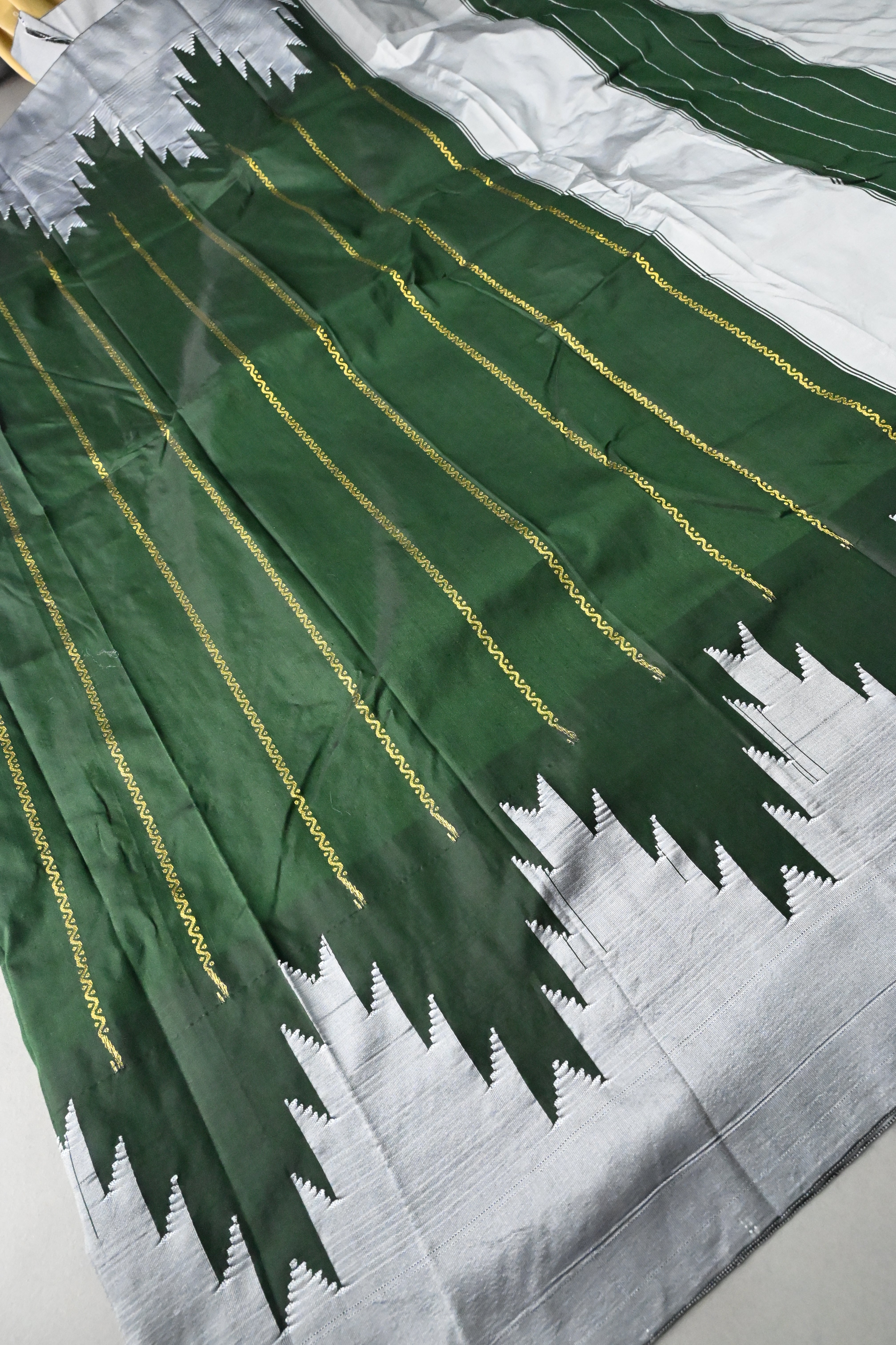 Dark Green Ilkal Weave Art Silk Bagalkote Saree with Zari Veldhari Horizontal Stripes and Contrast Temple Border | SHOBITAM