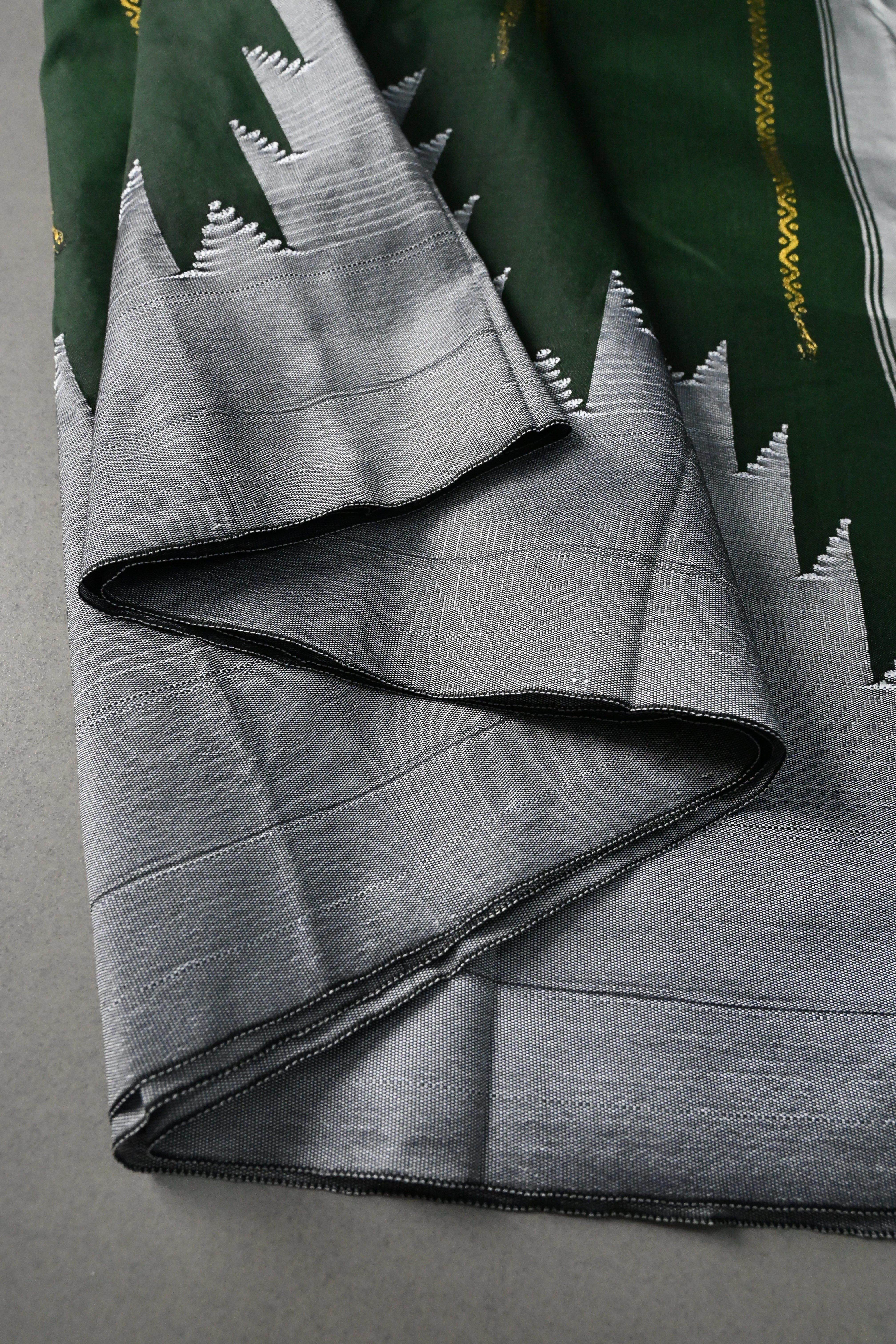 Dark Green Ilkal Weave Art Silk Bagalkote Saree with Zari Veldhari Horizontal Stripes and Contrast Temple Border | SHOBITAM