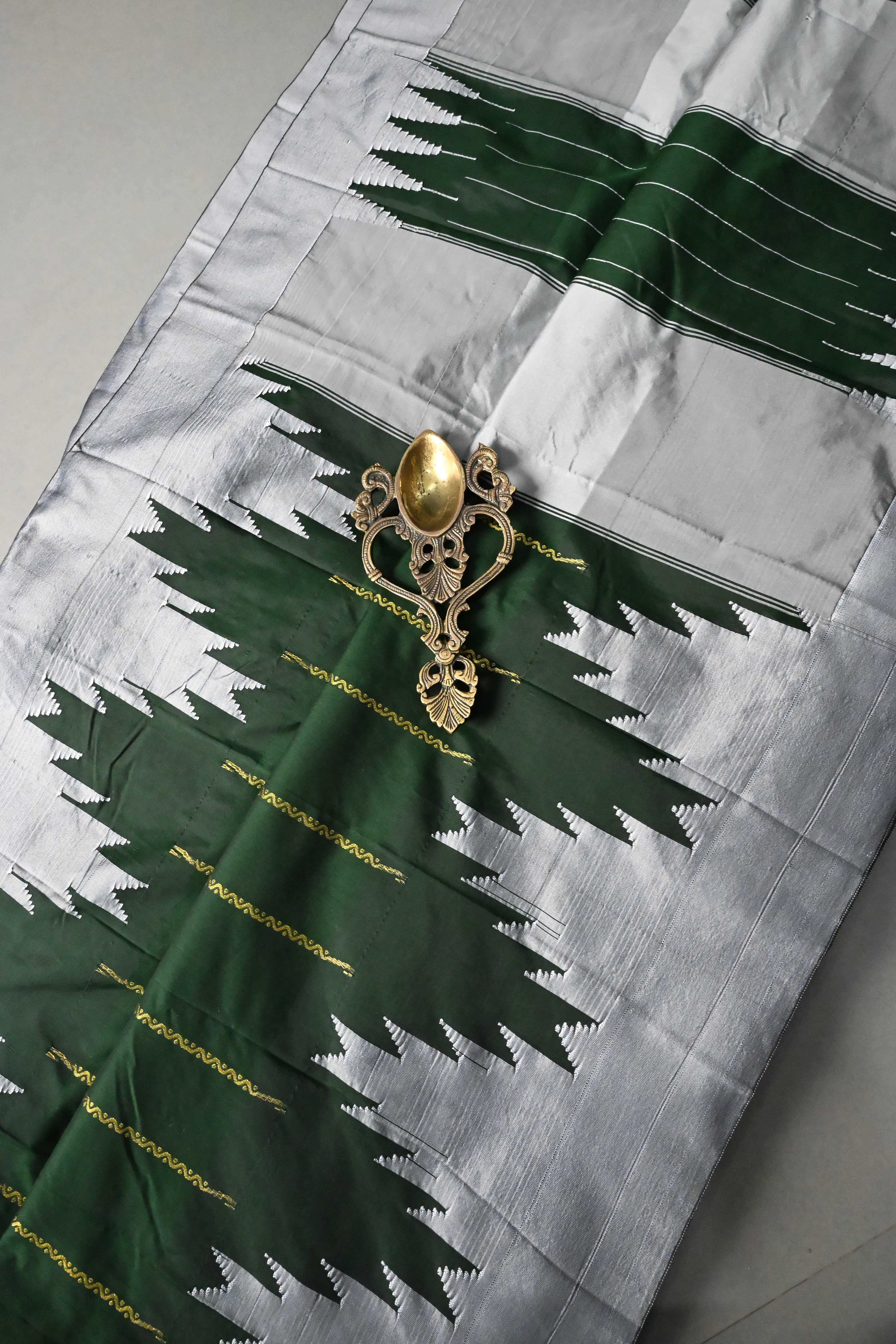 Dark Green Ilkal Weave Art Silk Bagalkote Saree with Zari Veldhari Horizontal Stripes and Contrast Temple Border | SHOBITAM