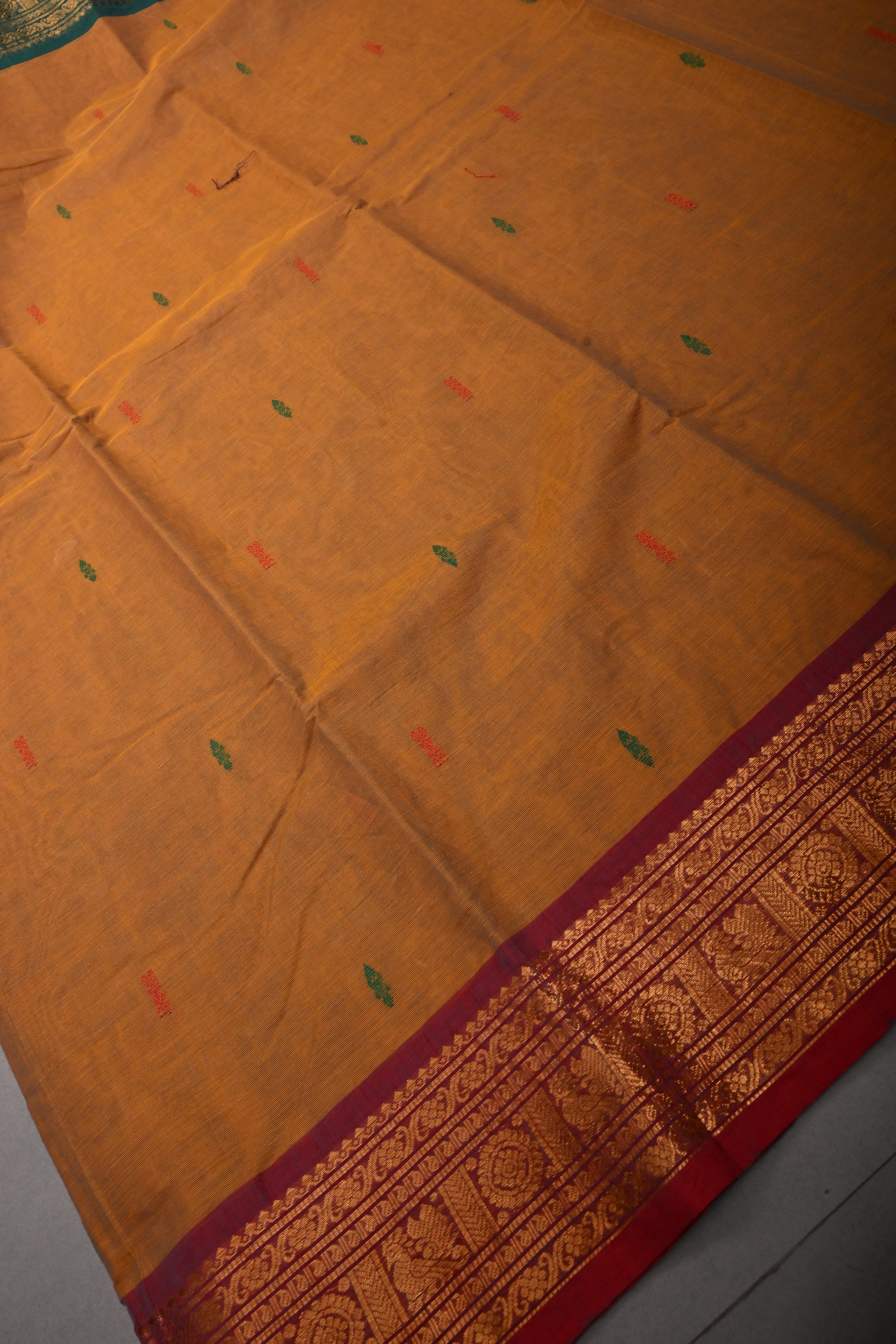 Methi Yellow Kanchi Cotton Saree with Meenakari Thread Buttas and Ganga Jamuna Contrast Zari Borders | SHOBITAM