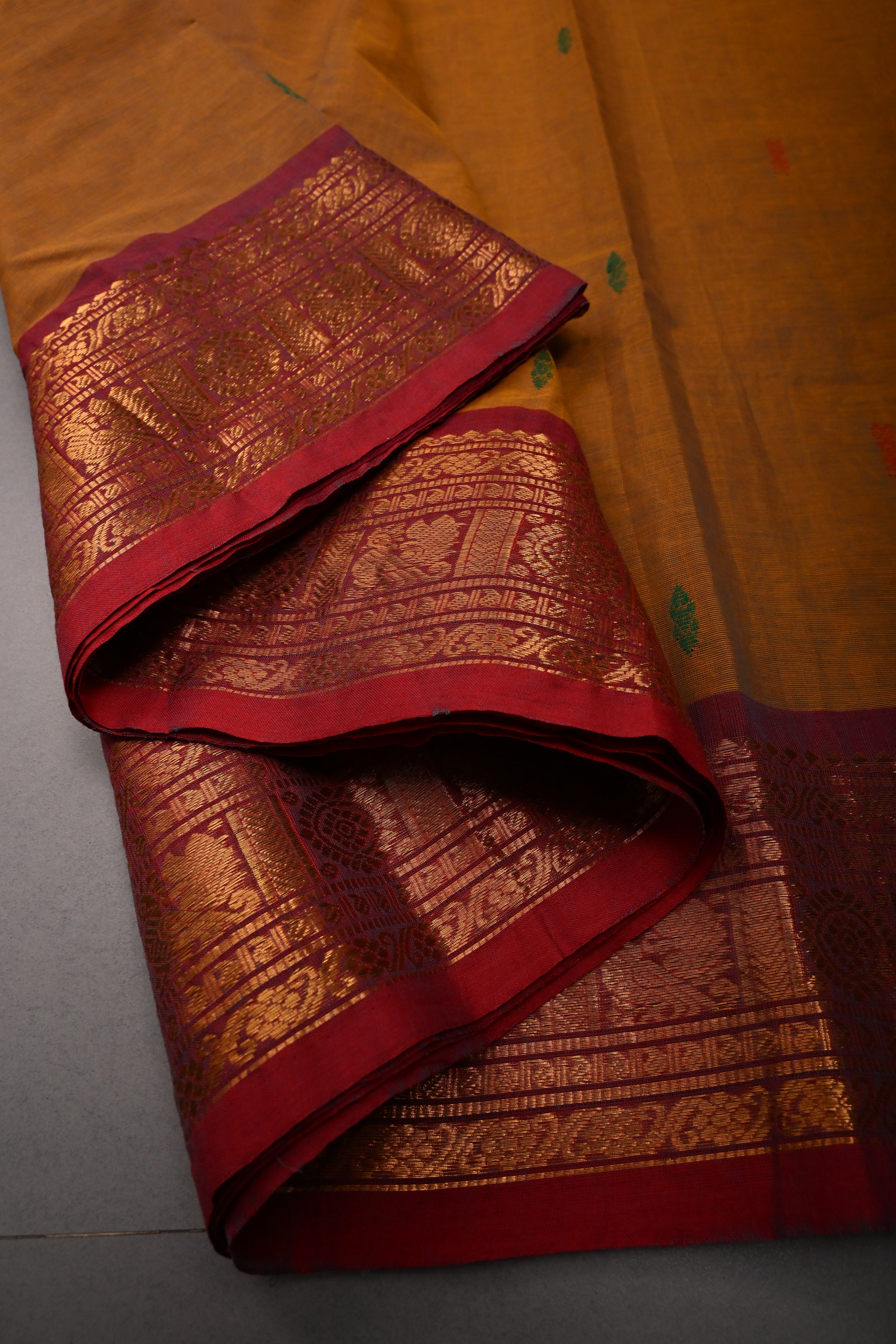 Methi Yellow Kanchi Cotton Saree with Meenakari Thread Buttas and Ganga Jamuna Contrast Zari Borders | SHOBITAM