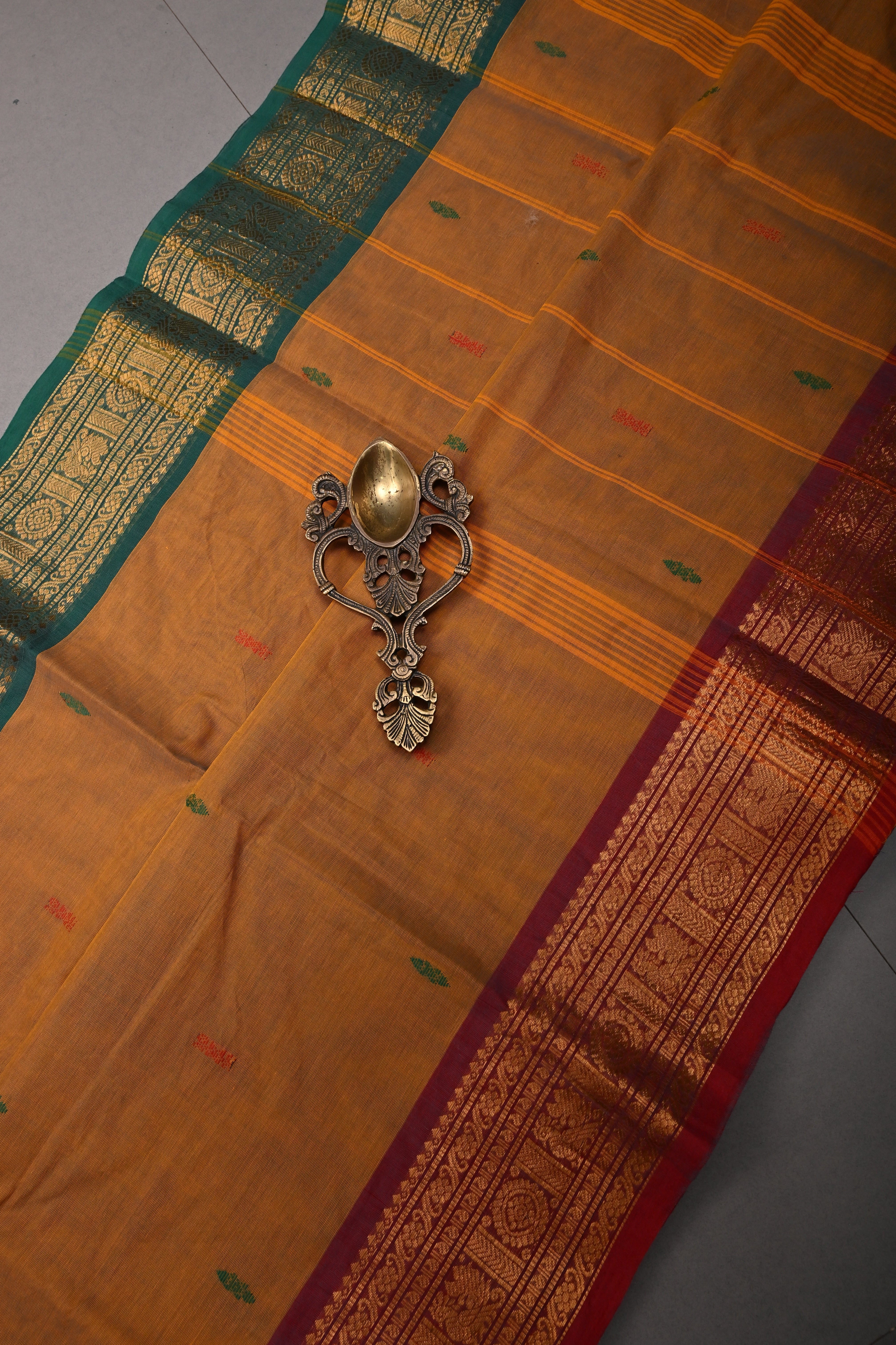 Methi Yellow Kanchi Cotton Saree with Meenakari Thread Buttas and Ganga Jamuna Contrast Zari Borders | SHOBITAM