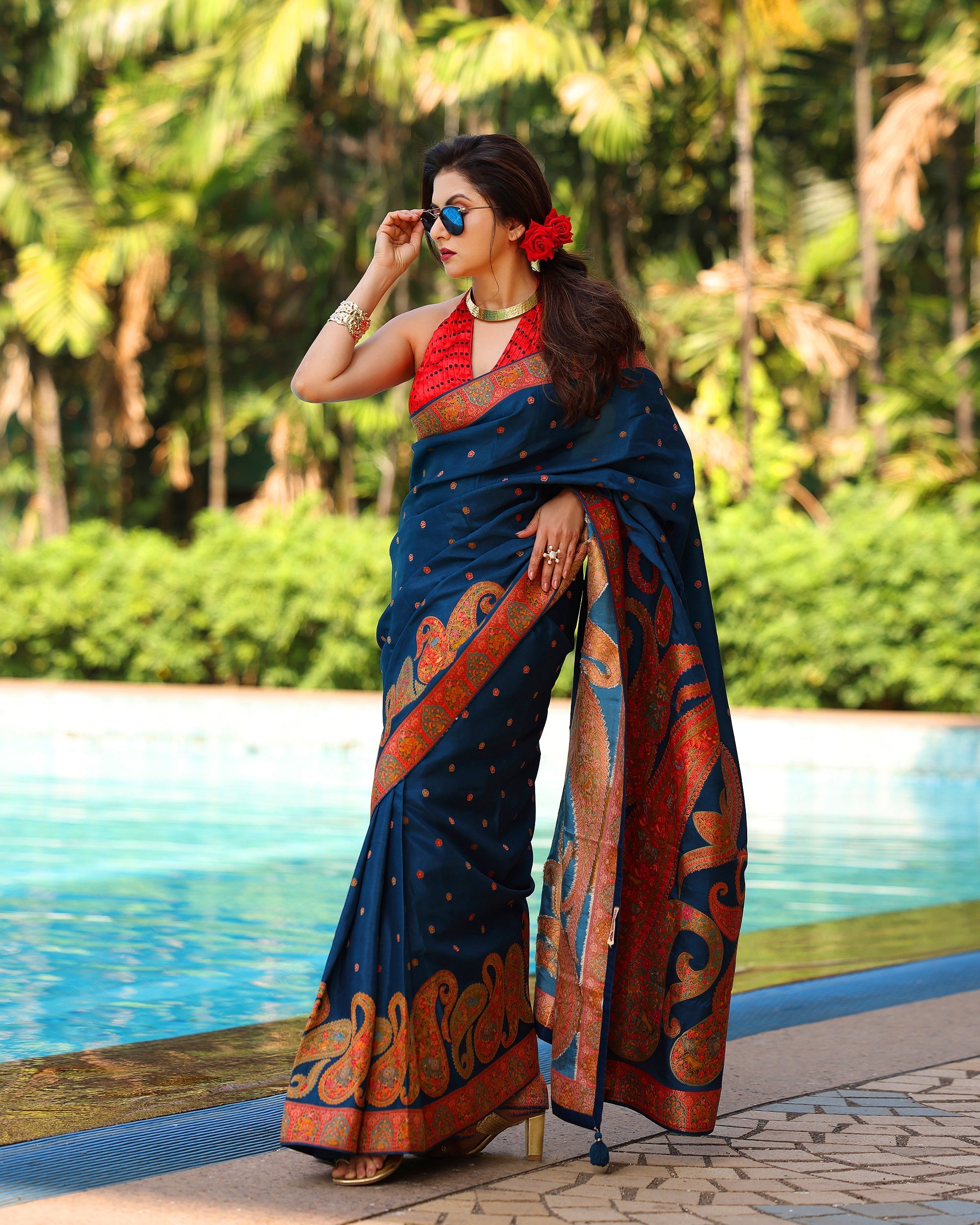 Prussian Blue Vegan Viscose Silk Saree with Kashmiri Weave Kani Design and Border | SHOBITAM