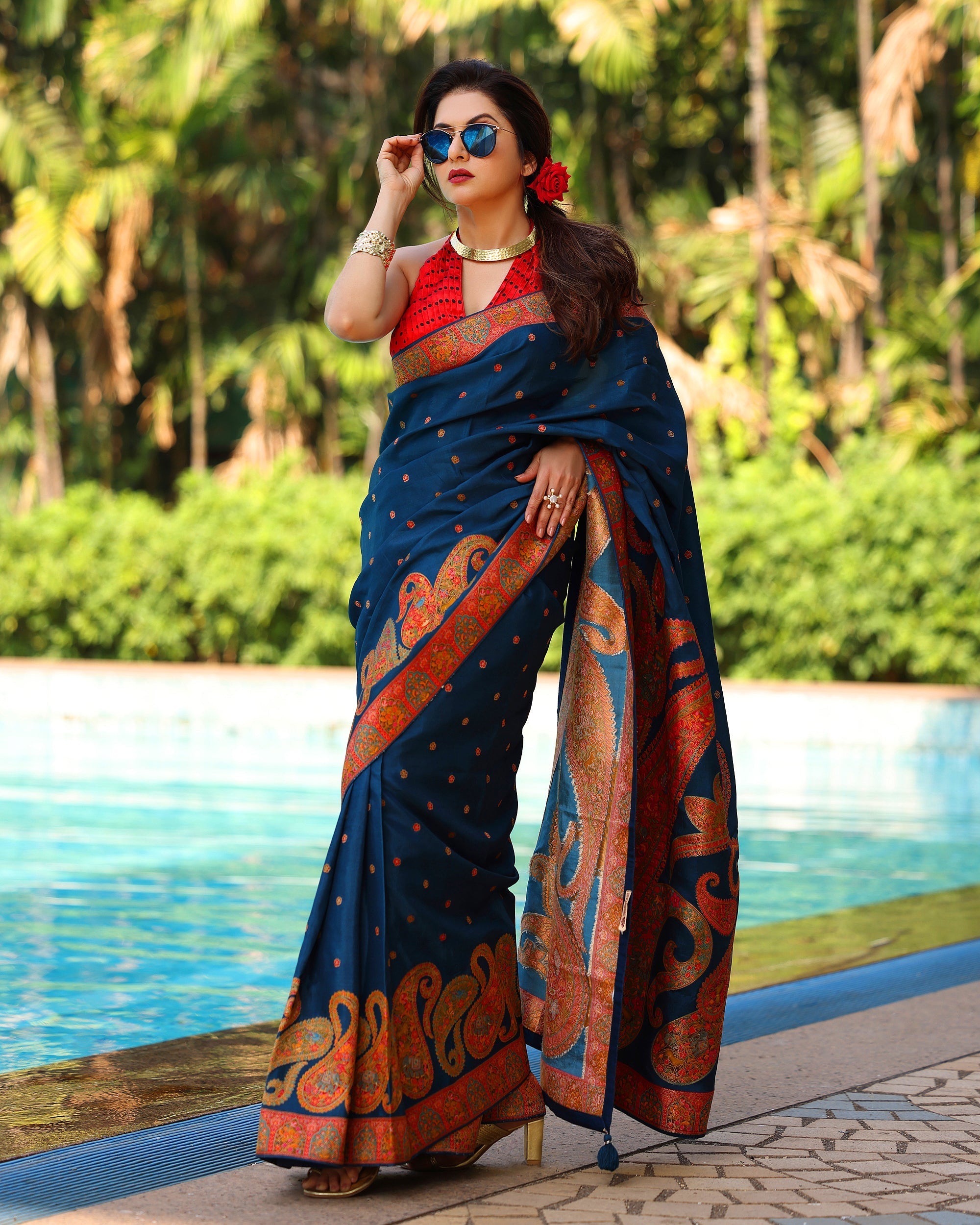 Prussian Blue Vegan Viscose Silk Saree with Kashmiri Weave Kani Design and Border | SHOBITAM