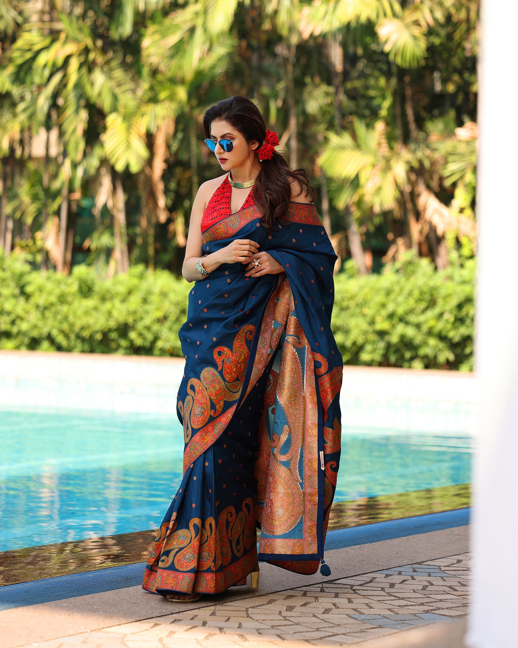 Prussian Blue Vegan Viscose Silk Saree with Kashmiri Weave Kani Design and Border | SHOBITAM