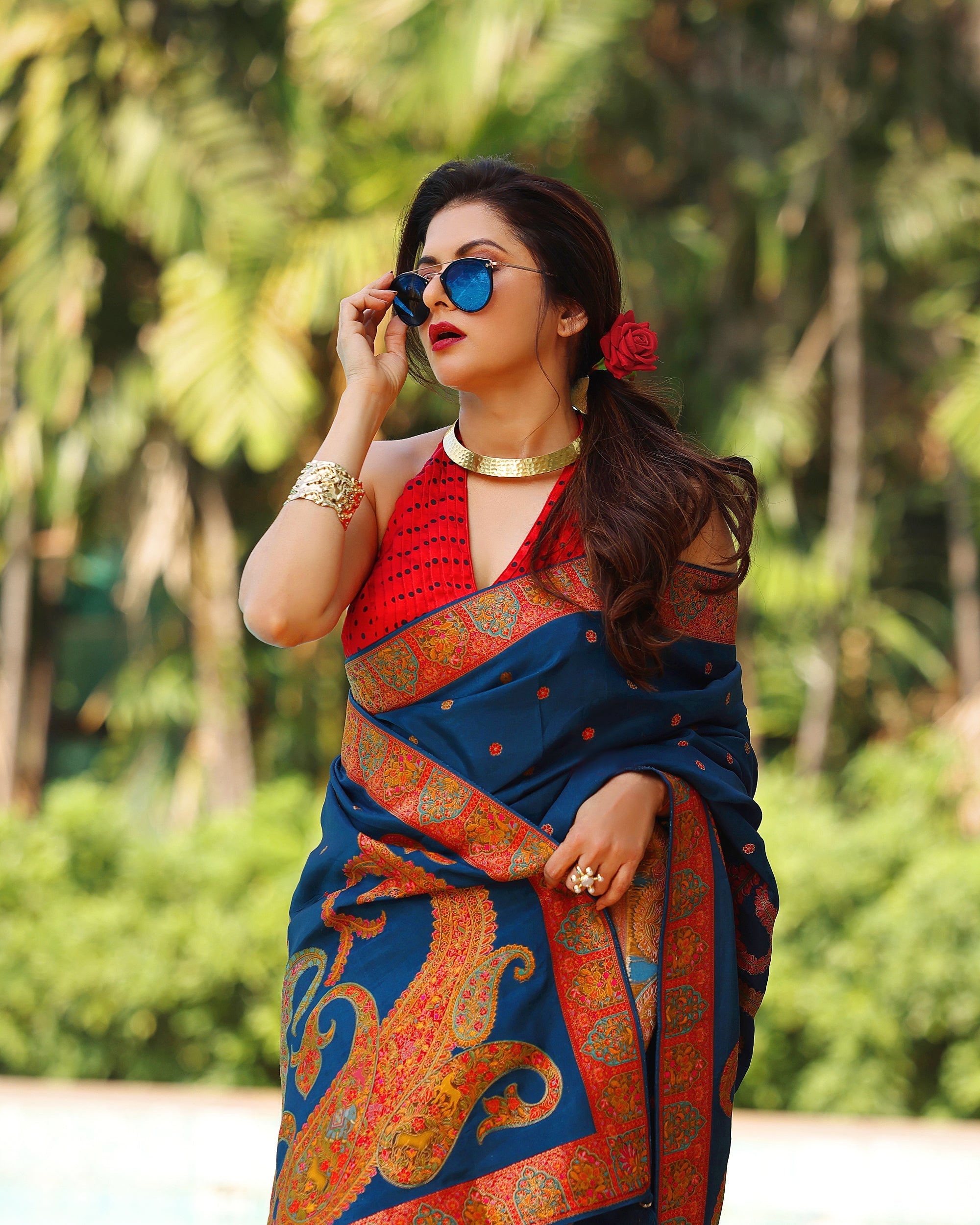 Prussian Blue Vegan Viscose Silk Saree with Kashmiri Weave Kani Design and Border | SHOBITAM
