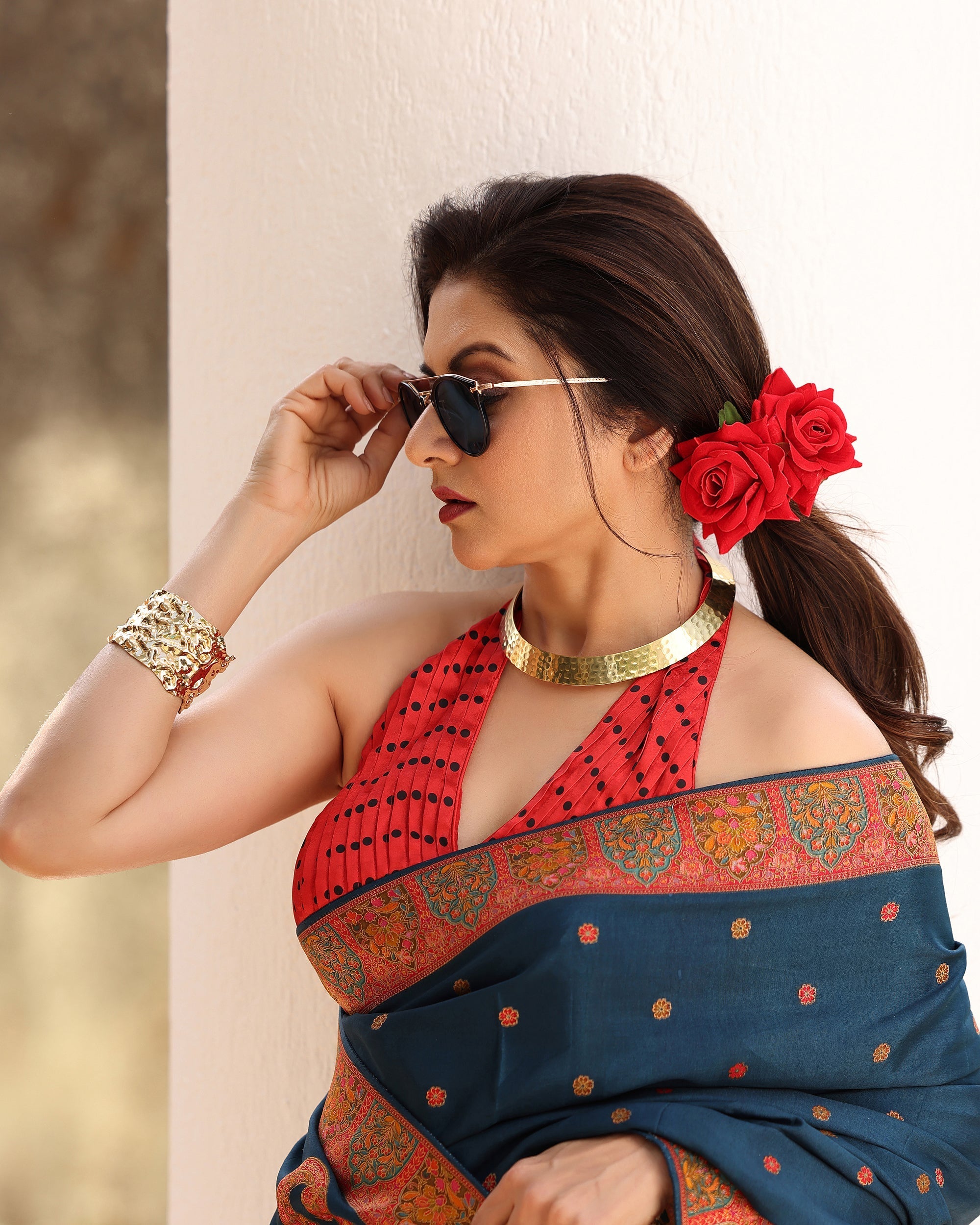 Prussian Blue Vegan Viscose Silk Saree with Kashmiri Weave Kani Design and Border | Shobitam