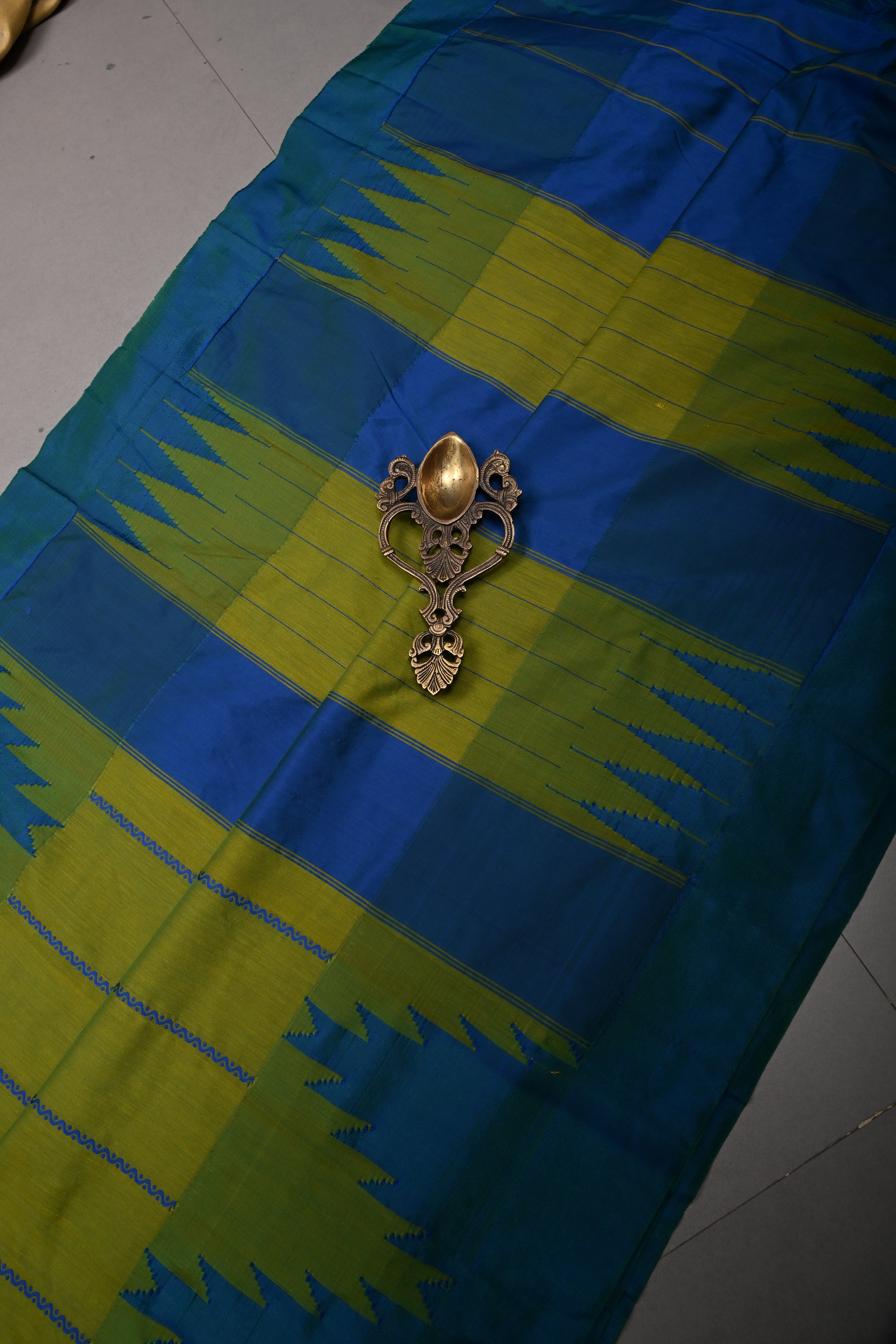 Parrot Green Ilkal Weave Art Silk Bagalkote Saree with Zari Veldhari Horizontal Stripes and Contrast Temple Border | SHOBITAM