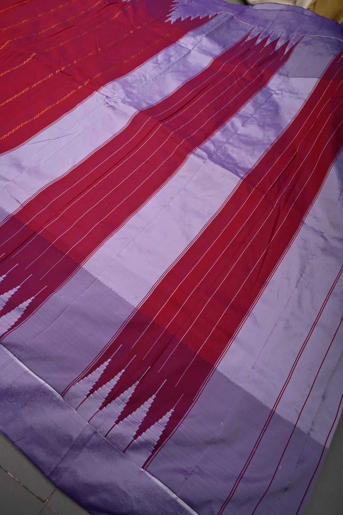 Pink Dual Tone Ilkal Weave Art Silk Bagalkote Saree with Zari Veldhari Horizontal Stripes and Contrast Temple Border | SHOBITAM