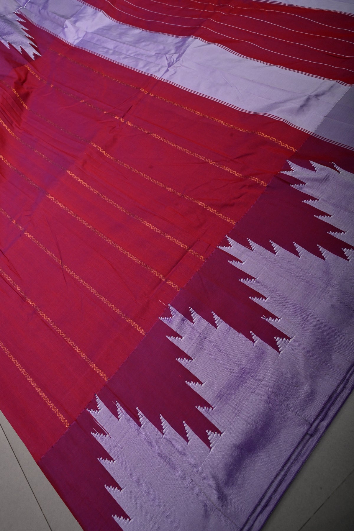 Pink Dual Tone Ilkal Weave Art Silk Bagalkote Saree with Zari Veldhari Horizontal Stripes and Contrast Temple Border | SHOBITAM