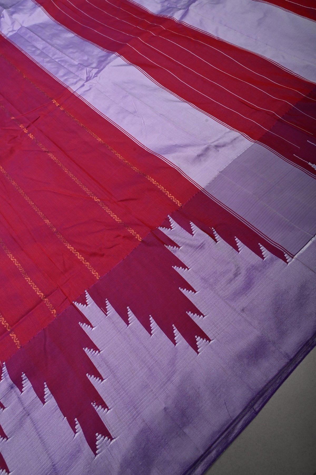 Pink Dual Tone Ilkal Weave Art Silk Bagalkote Saree with Zari Veldhari Horizontal Stripes and Contrast Temple Border | SHOBITAM