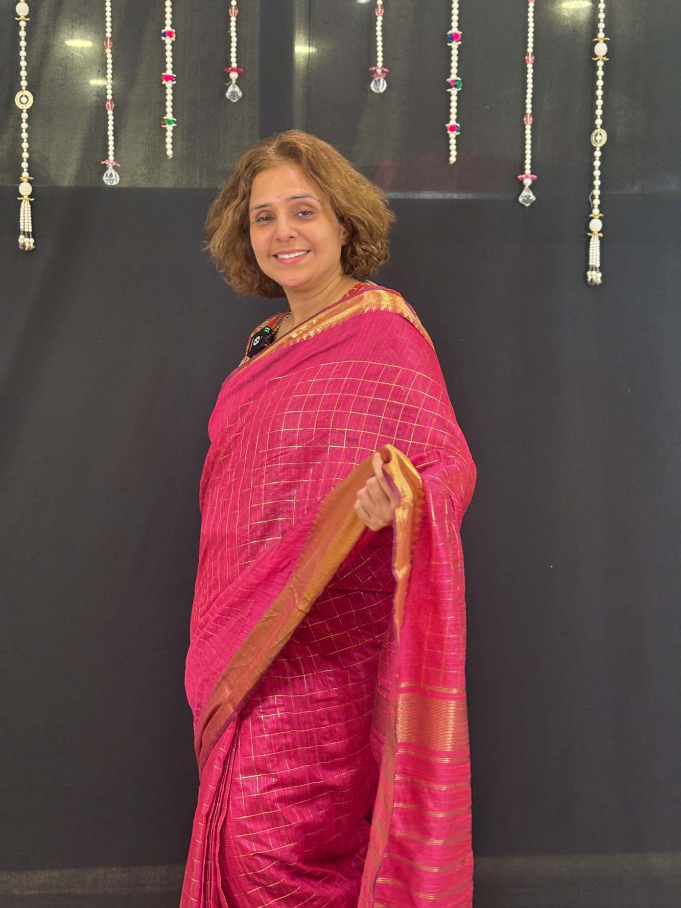 Pink Cotton with Check Pattern and Golden Zari Border Ready To Wear Saree