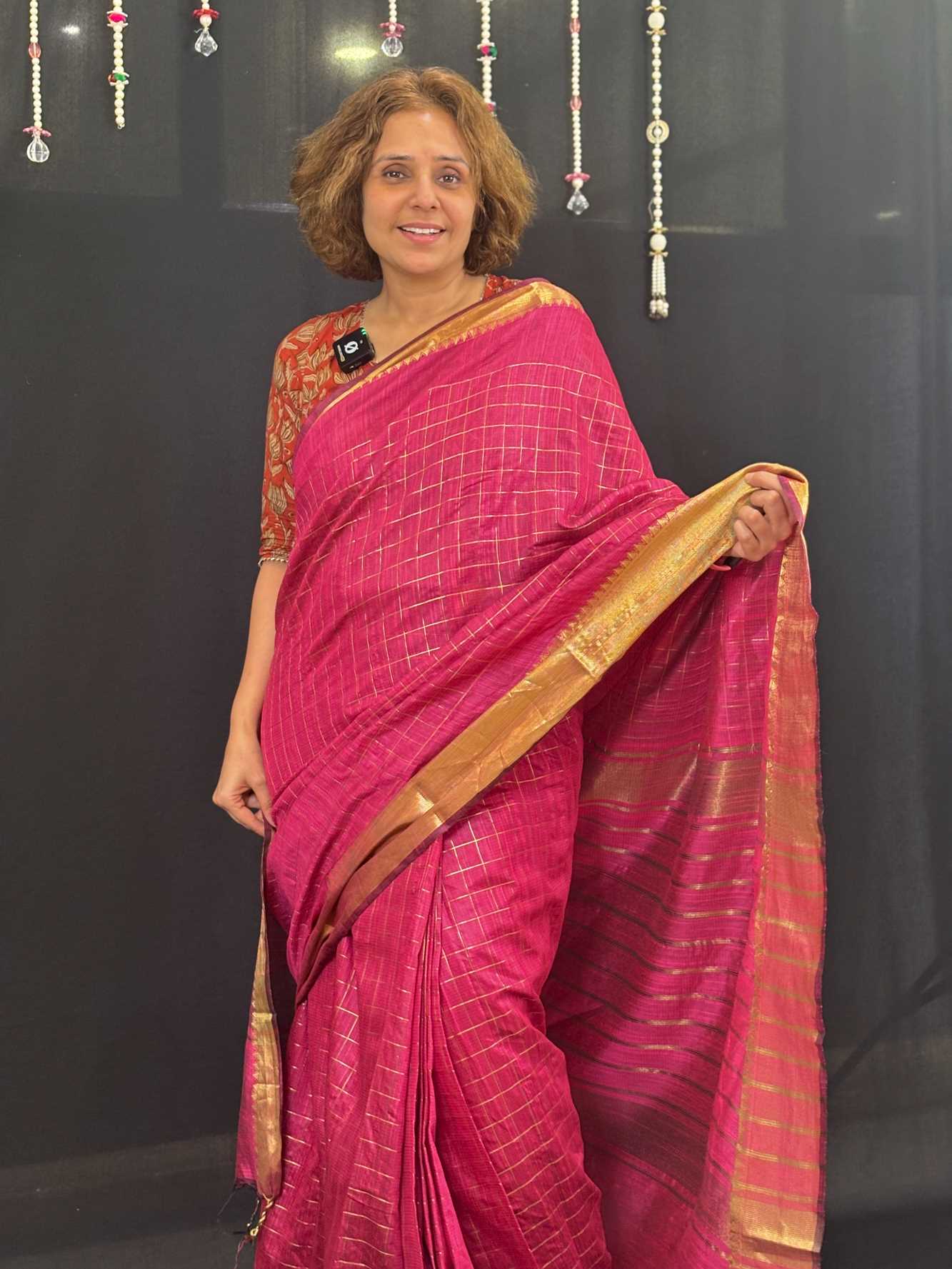 Pink Cotton with Check Pattern and Golden Zari Border Ready To Wear Saree