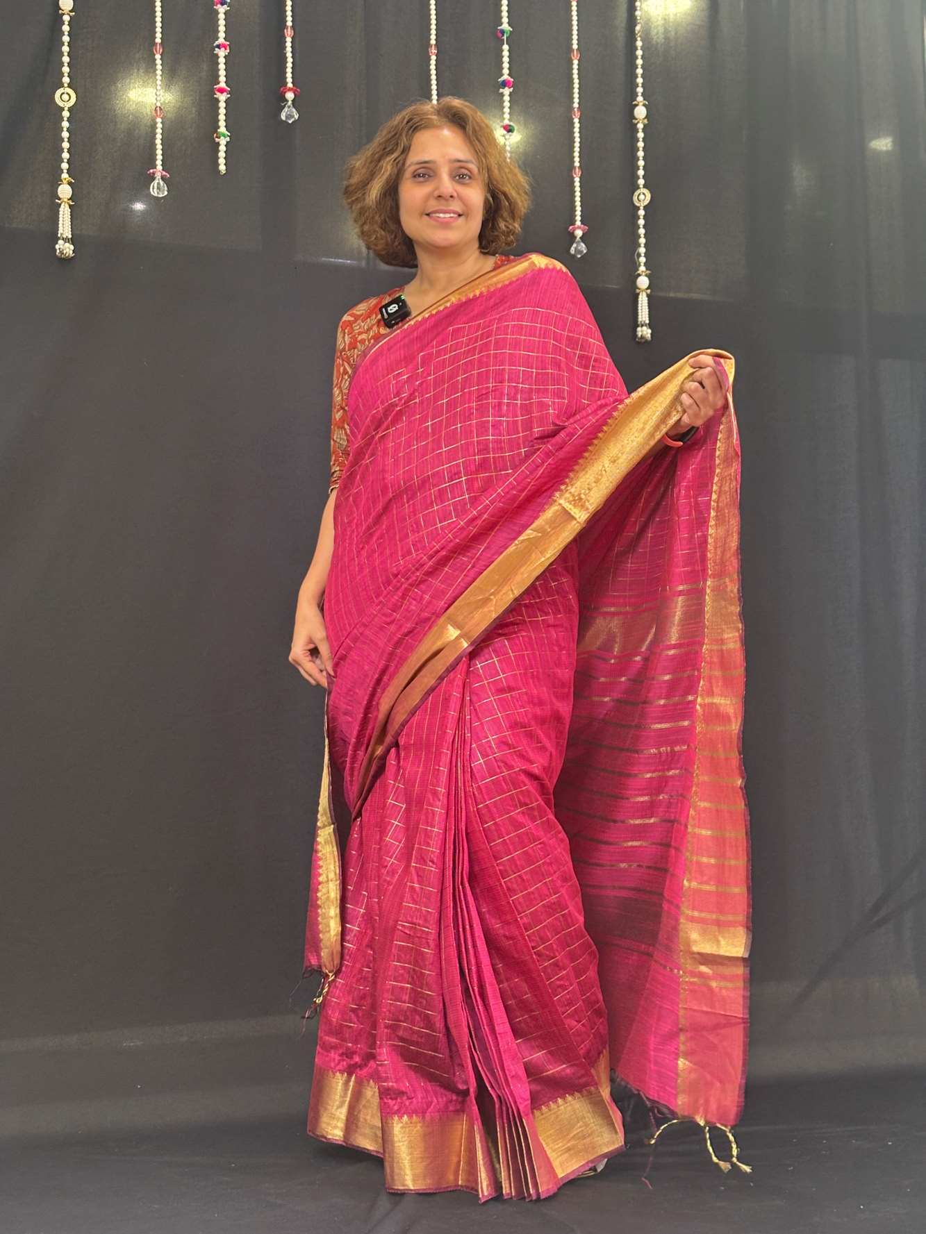 Pink Cotton with Check Pattern and Golden Zari Border Ready To Wear Saree