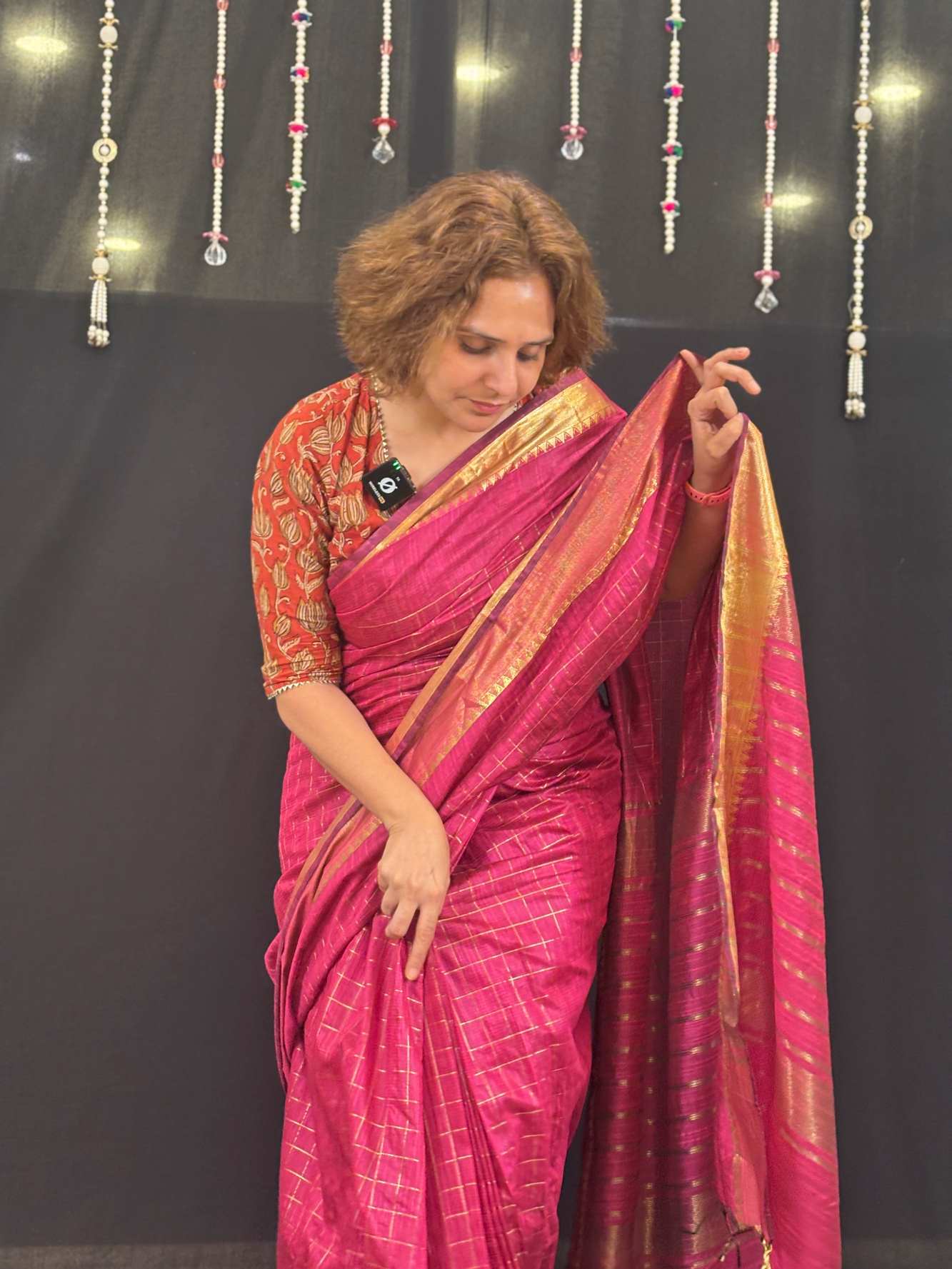 Pink Cotton with Check Pattern and Golden Zari Border Ready To Wear Saree