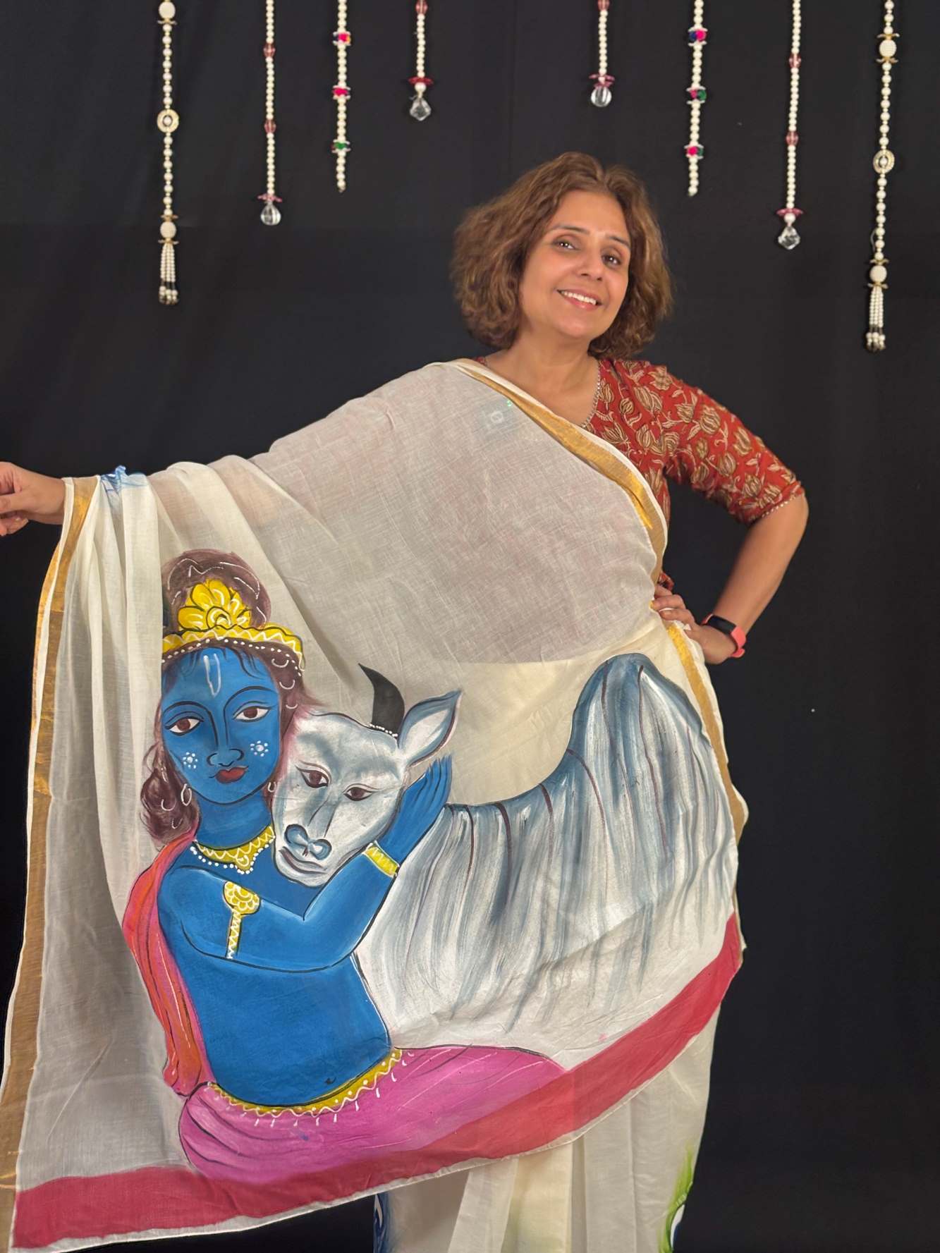 White Cotton Featuring Hand-Painted Krishna with Cow Ready To Wear Saree