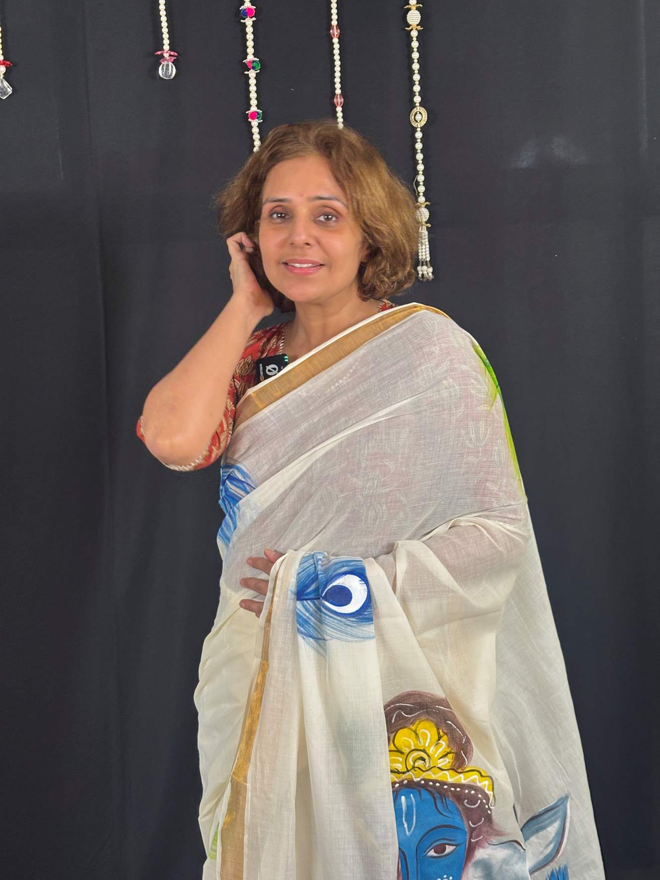 White Cotton Featuring Hand-Painted Krishna with Cow Ready To Wear Saree