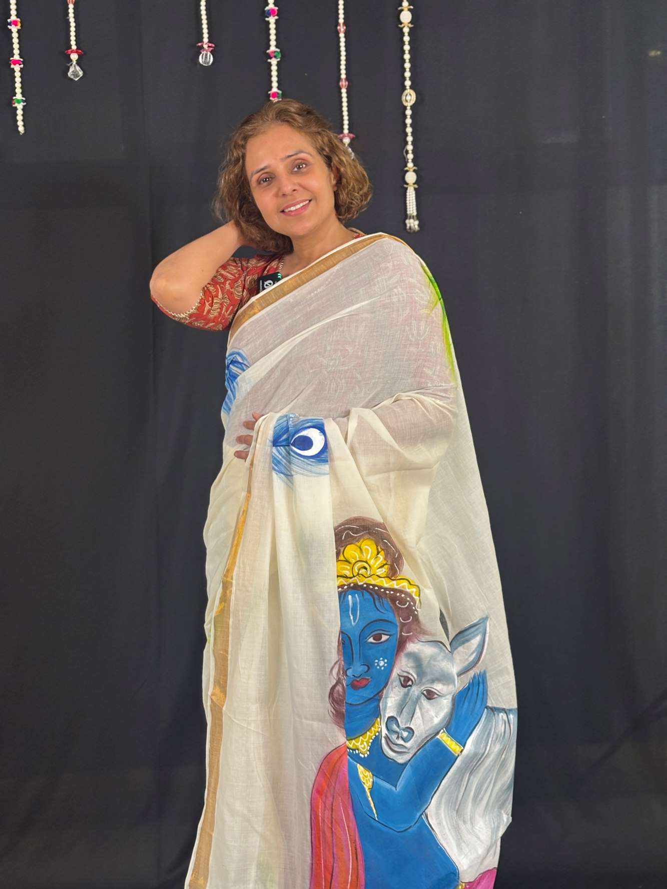 White Cotton Featuring Hand-Painted Krishna with Cow Ready To Wear Saree