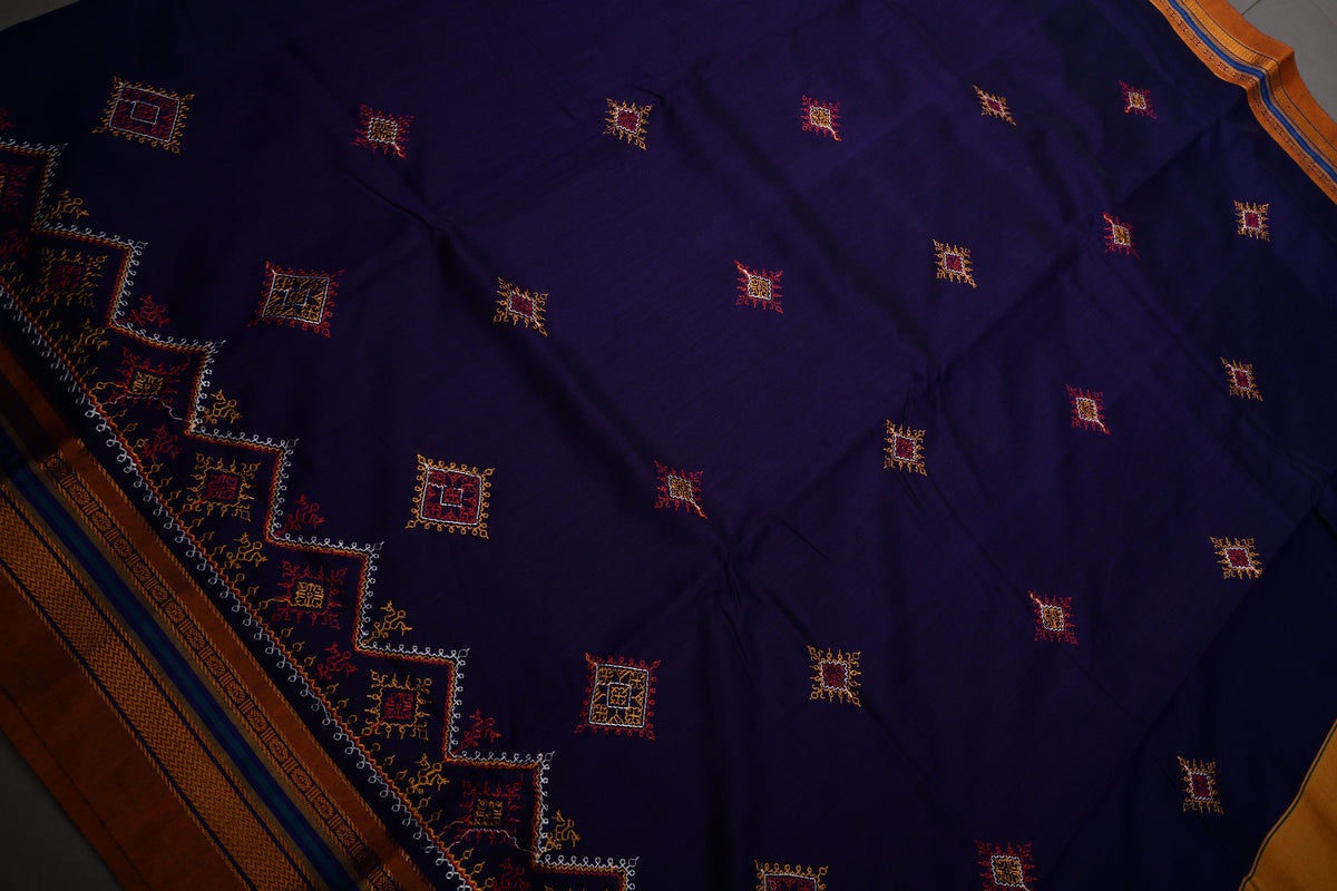 Ink Purple Ilkal Art Silk Saree with Kasuti Style Machine Embroidery and Contrast Zari Border | SHOBITAM